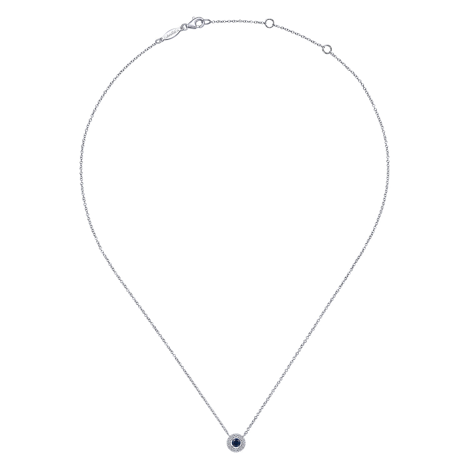 Round Sapphire and Pave Diamond Halo Necklace in 14K White Gold, photograph 2