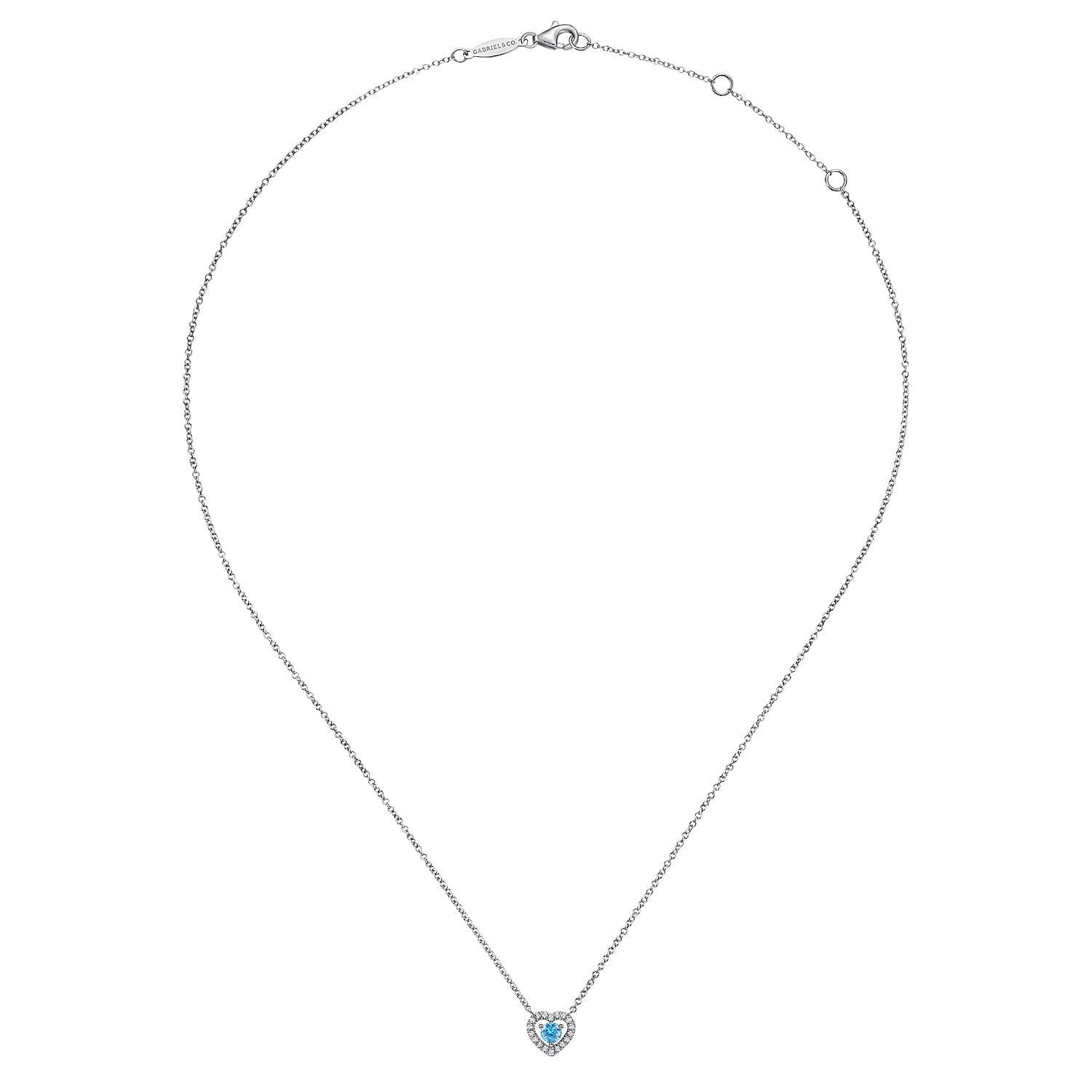 Round Blue Topaz and Diamond Heart Pendant Necklace in 14K White Gold, photograph 2