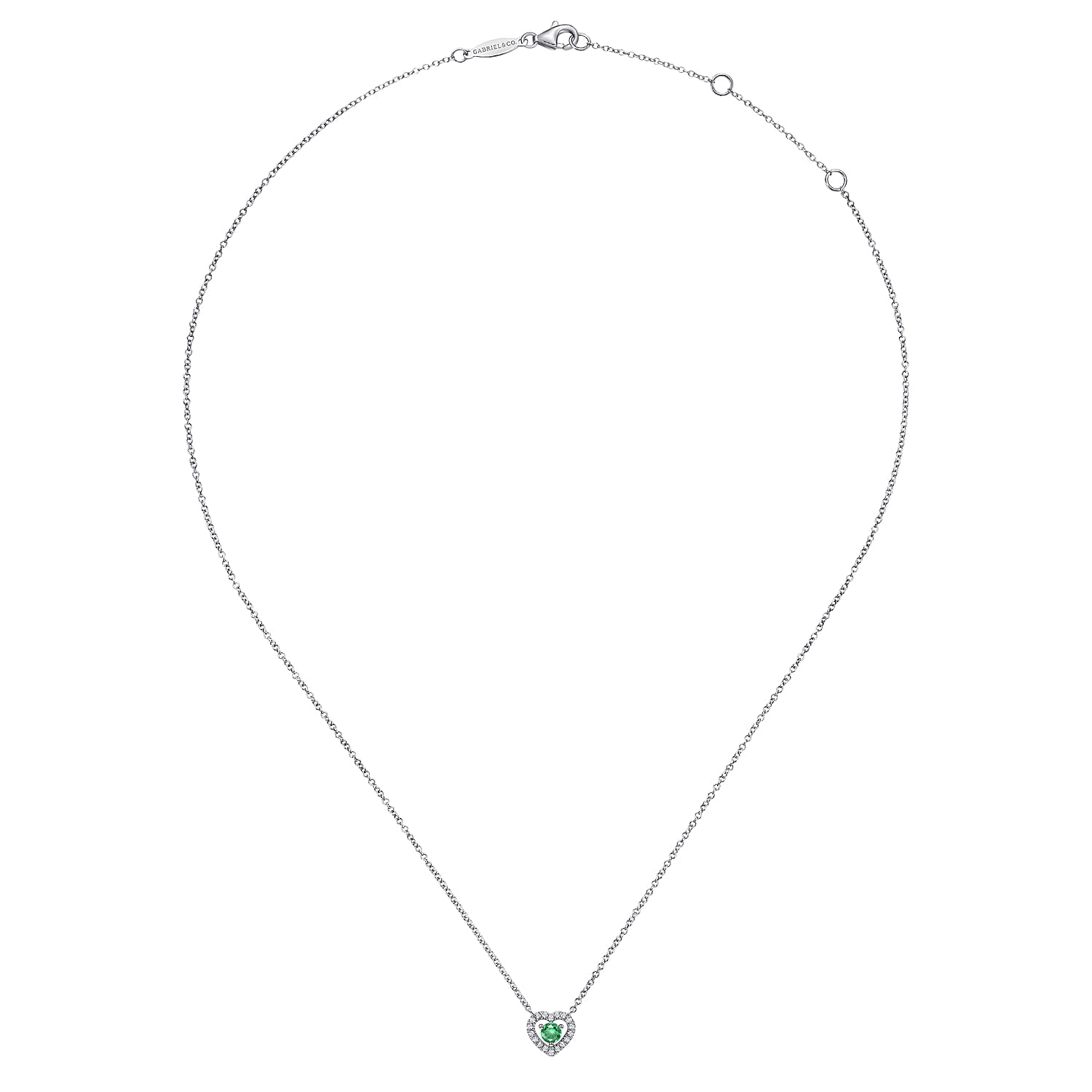 Round Emerald and Diamond Heart Pendant Necklace in 14K White Gold, photograph 2
