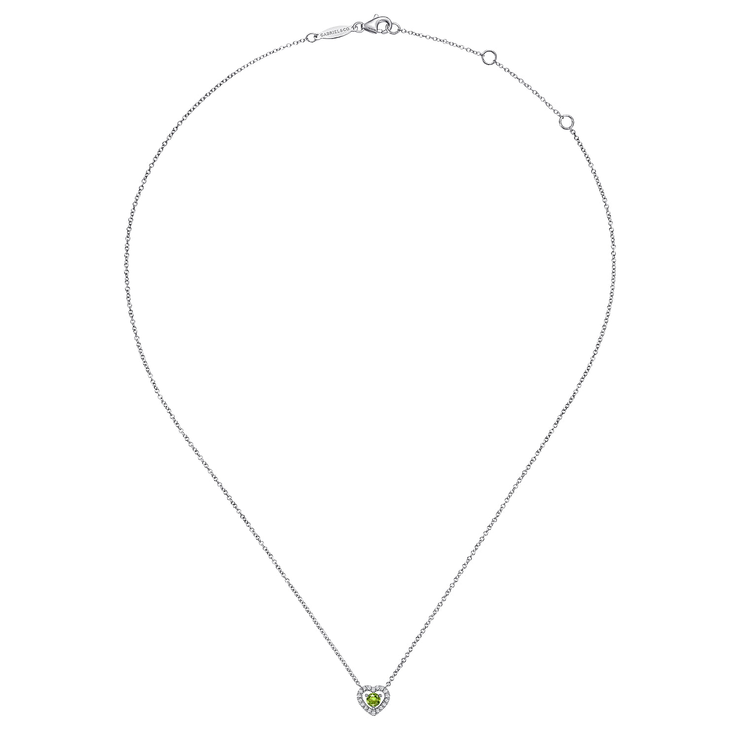 Round Peridot and Diamond Heart Pendant Necklace in 14K White Gold, photograph 2