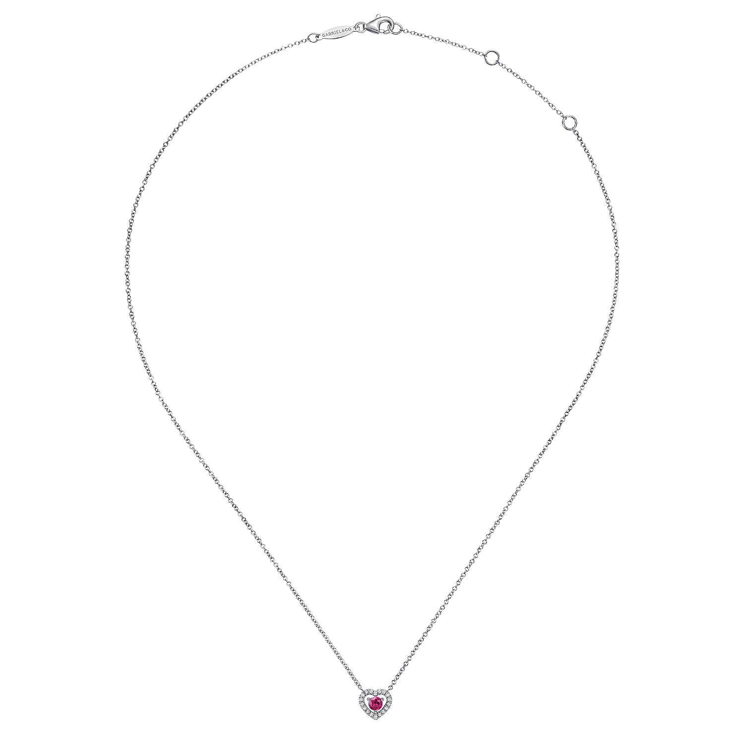 Round Ruby and Diamond Heart Pendant Necklace in 14K White Gold, photograph 2
