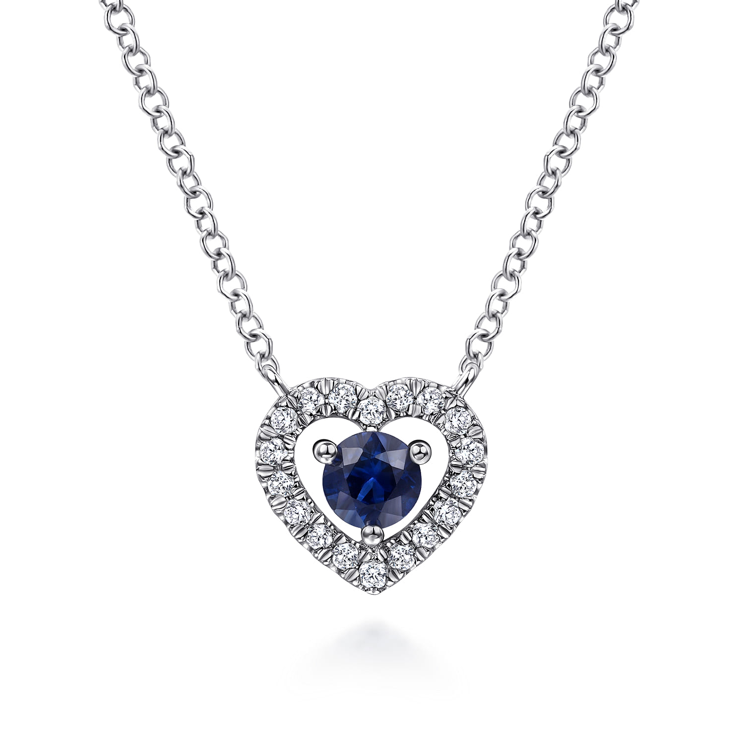 Round Sapphire and Diamond Heart Pendant Necklace