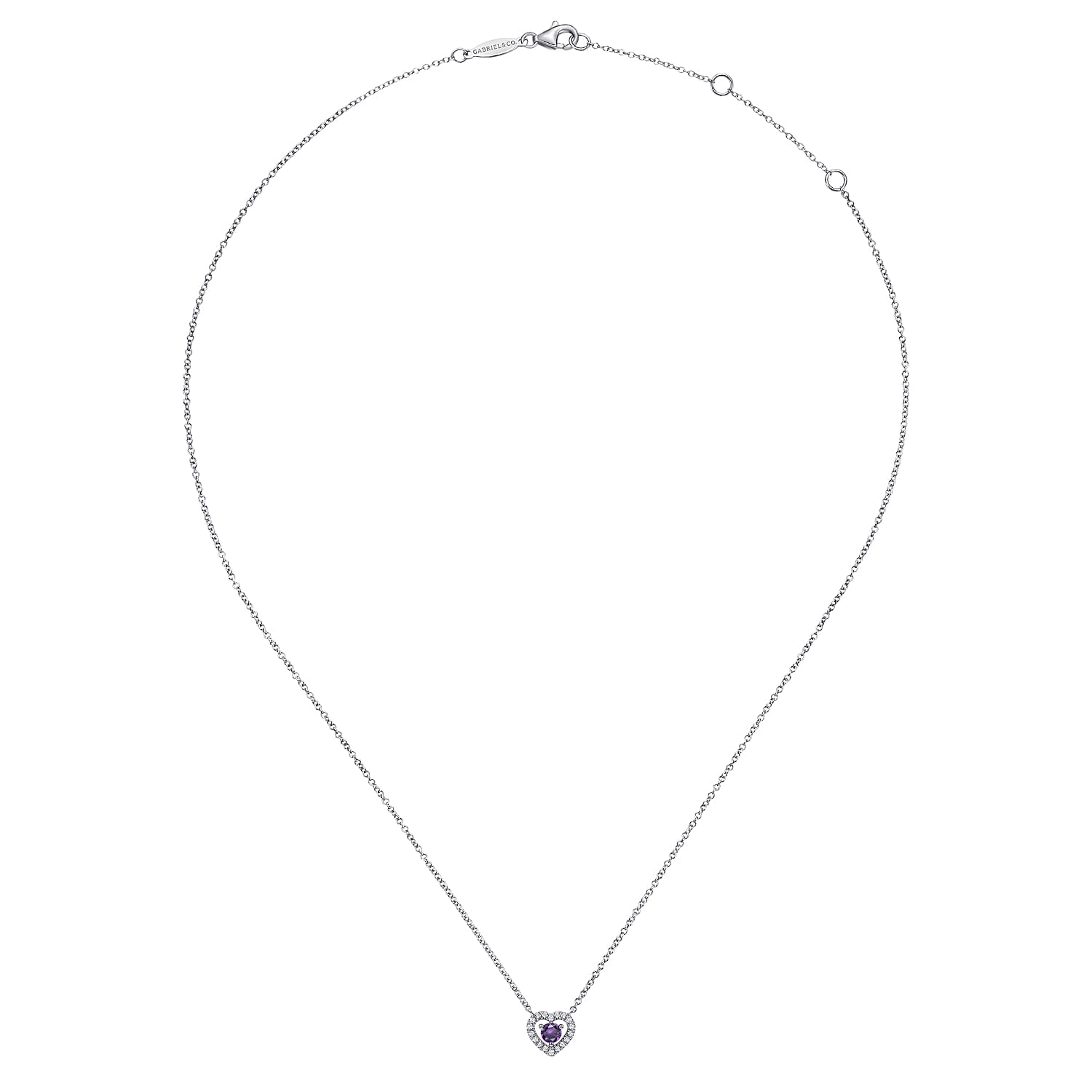 Round Sapphire and Diamond Heart Pendant Necklace in 14K White Gold, photograph 2
