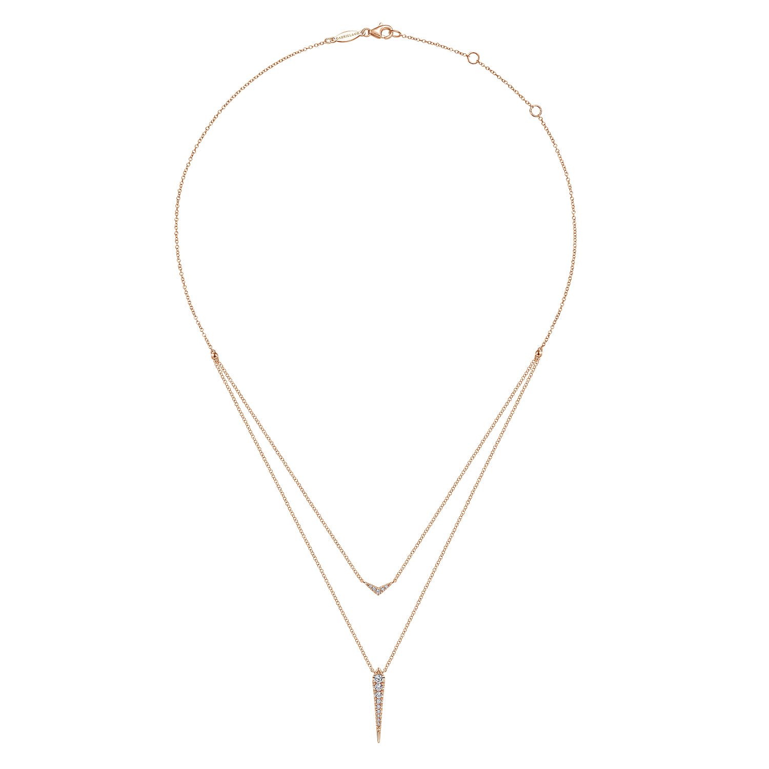 Layered Pave Diamond Bar and Spike Pendant Necklace in 14K Rose Gold, photograph 2