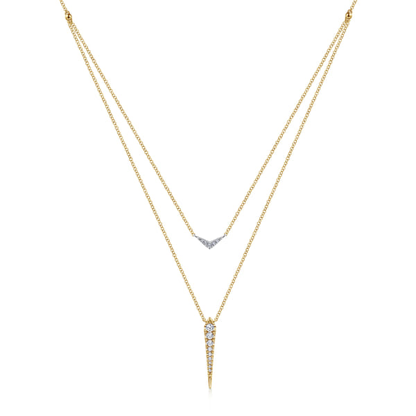 14K White Yellow Gold Layered Pave Diamond Bar and Spike Pendant Necklace