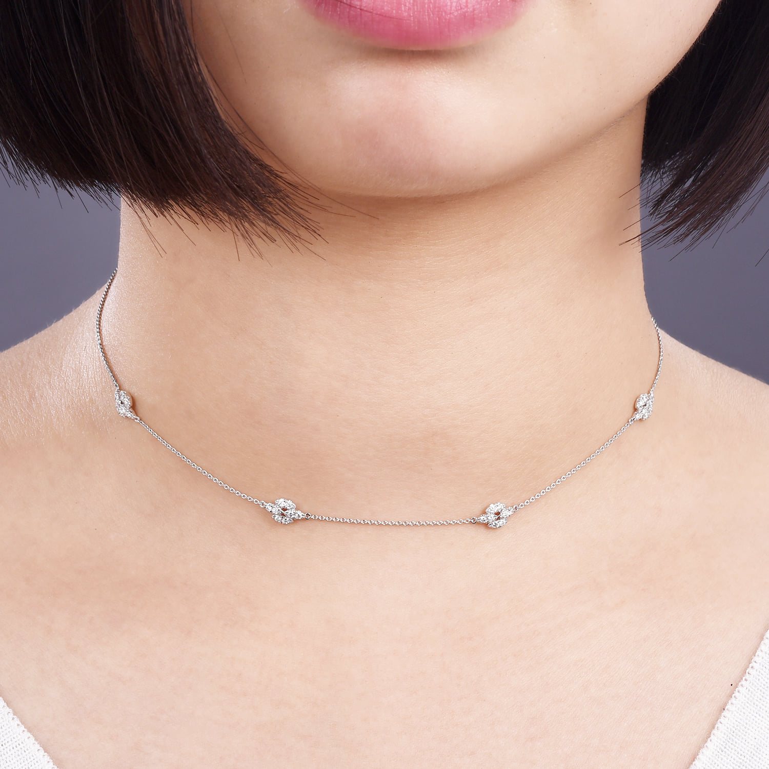 Filigree Diamond Station Necklace in 14K White Gold, photograph 3