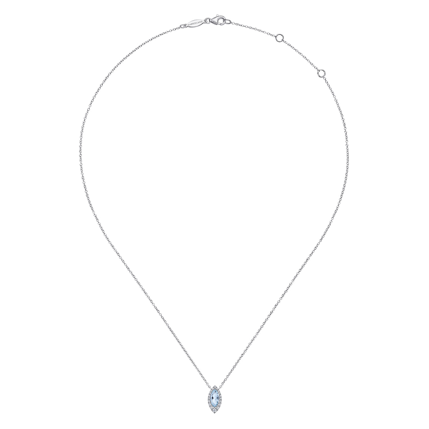 Aquamarine Marquise and Diamond Halo Pendant Necklace in 14K White Gold, photograph 2