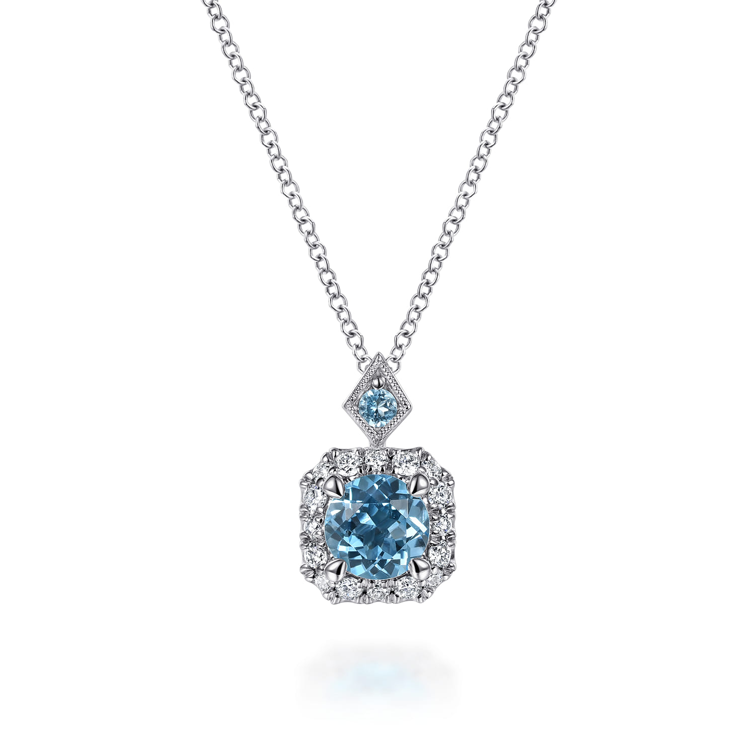 Round Swiss Blue Topaz Diamond Halo Pendant Necklace