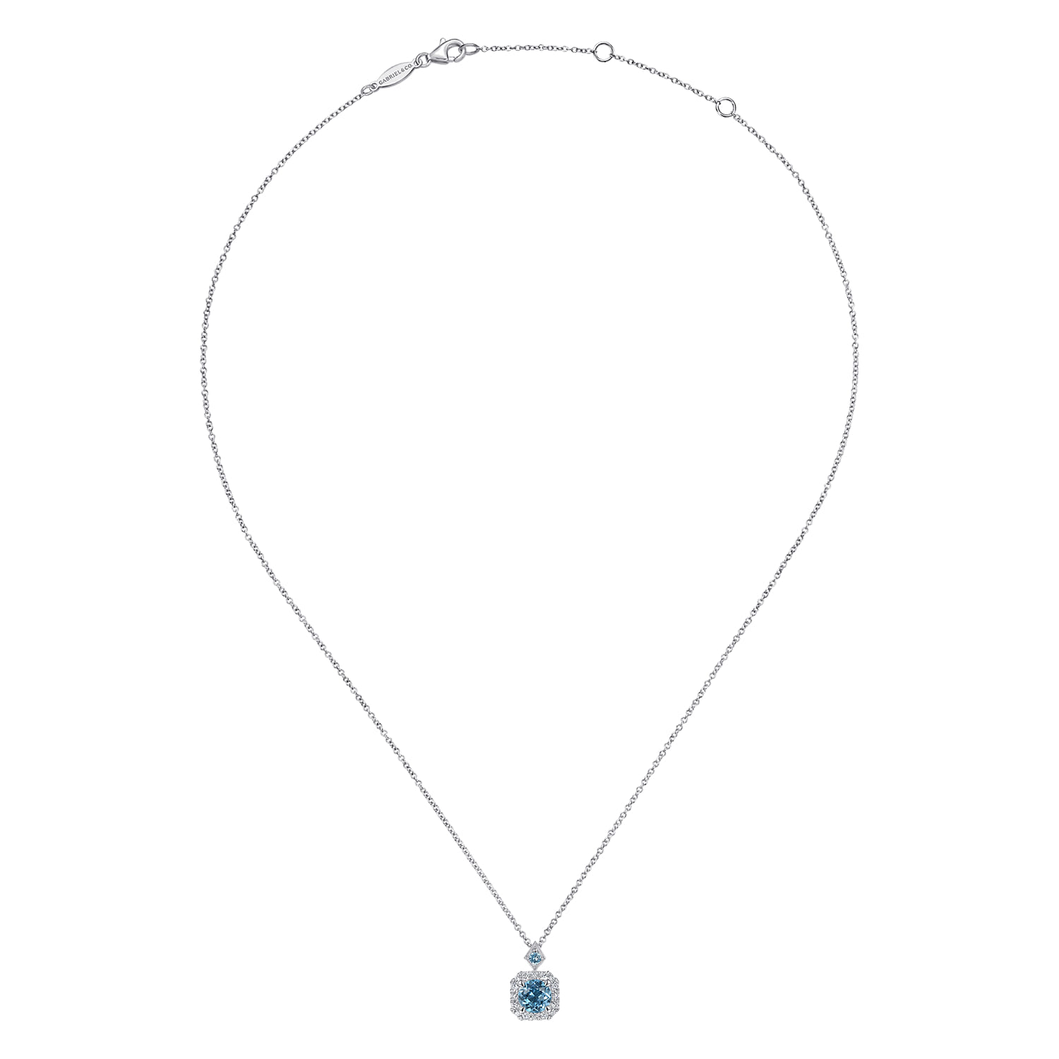 Round Swiss Blue Topaz Diamond Halo Pendant Necklace in 14K White Gold, photograph 2