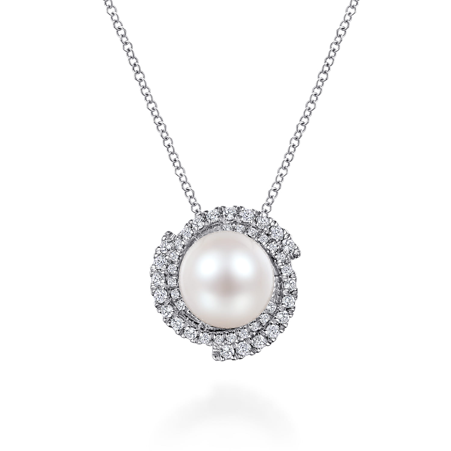 Round Cultured Pearl Swirling Diamond Halo Pendant Necklace