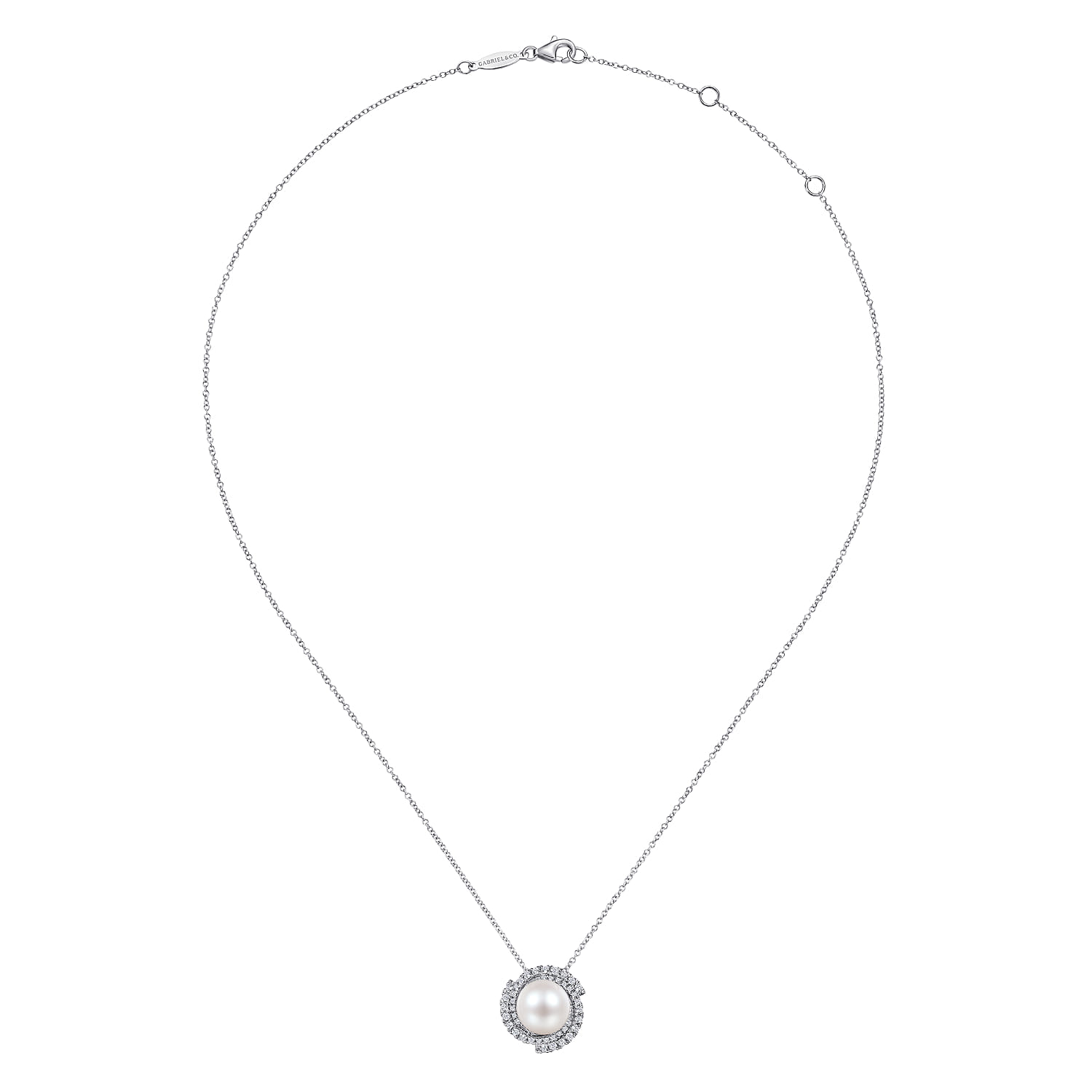 Round Cultured Pearl Swirling Diamond Halo Pendant Necklace in 14K White Gold, photograph 2