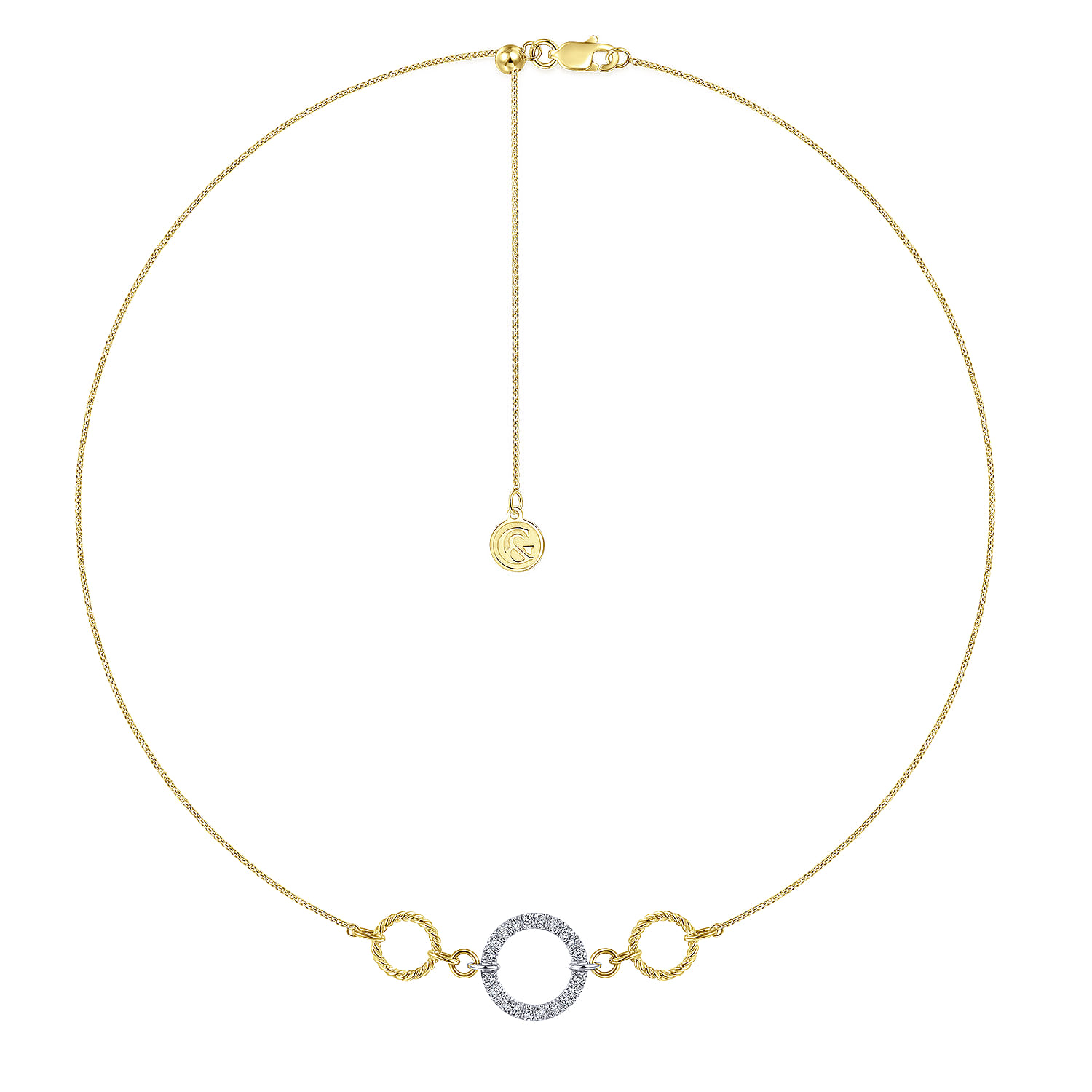 Twisted Rope and Pave Diamond Circle Choker Necklace in 14K White/Yellow Gold, photograph 2