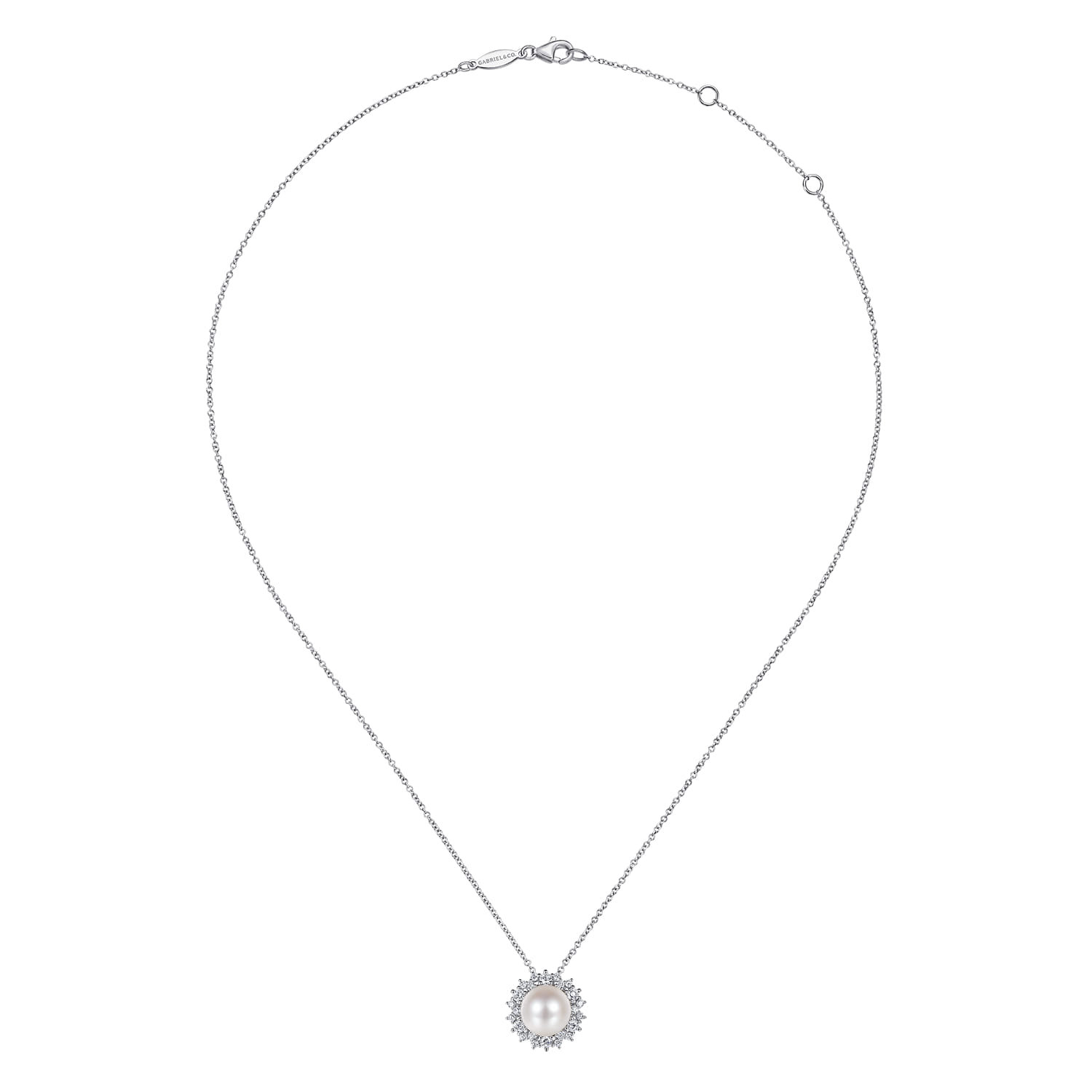 Cultured Pearl Diamond Halo Pendant Necklace in 14K White Gold, photograph 2