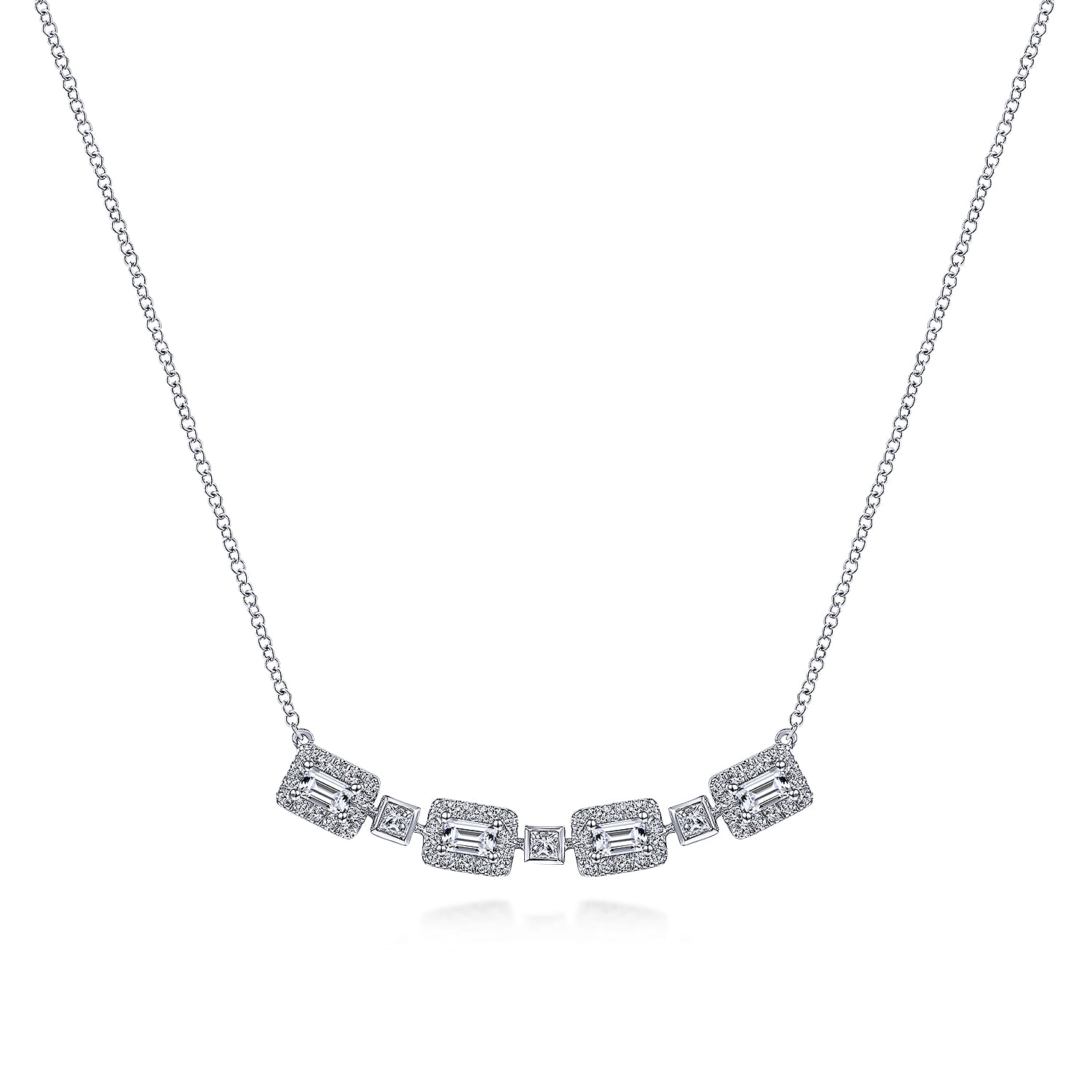 Rectangular Baguette and Diamond Halo Station Necklace