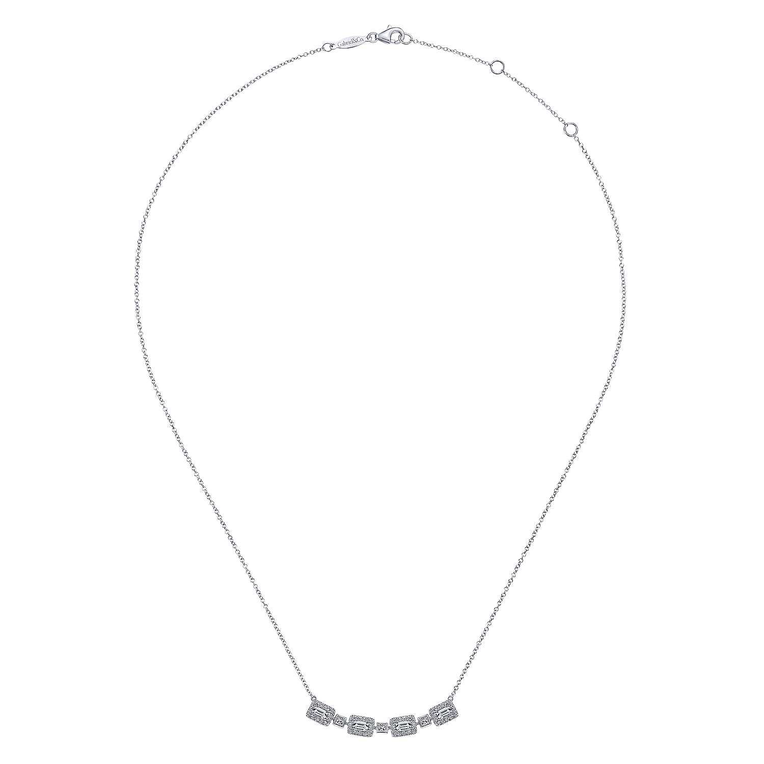Rectangular Baguette and Diamond Halo Station Necklace in 14K White Gold, photograph 2