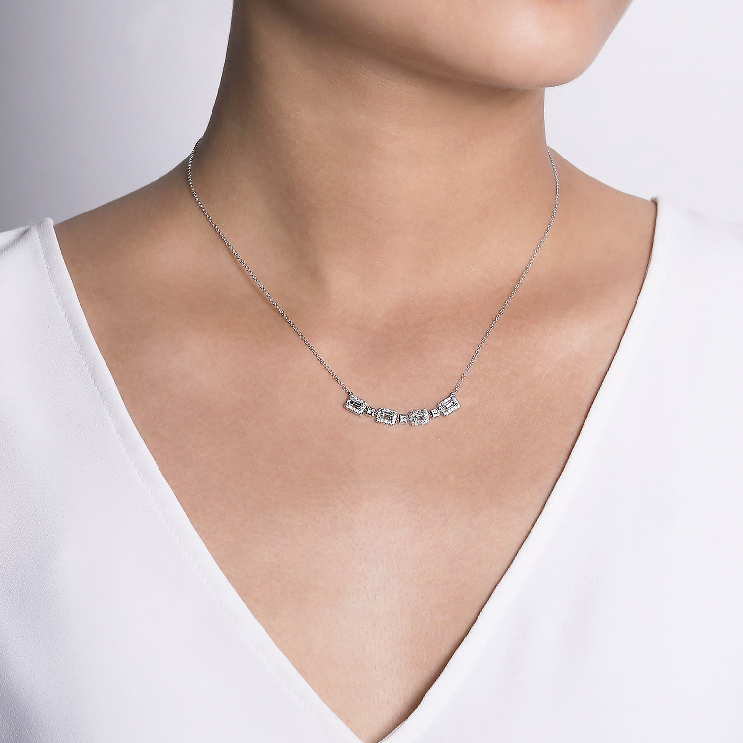 Rectangular Baguette and Diamond Halo Station Necklace in 14K White Gold, photograph 3