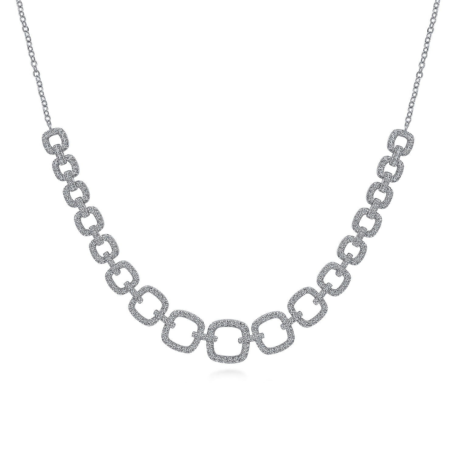 14K White Gold Diamond Pave Graduating Square Link Necklace