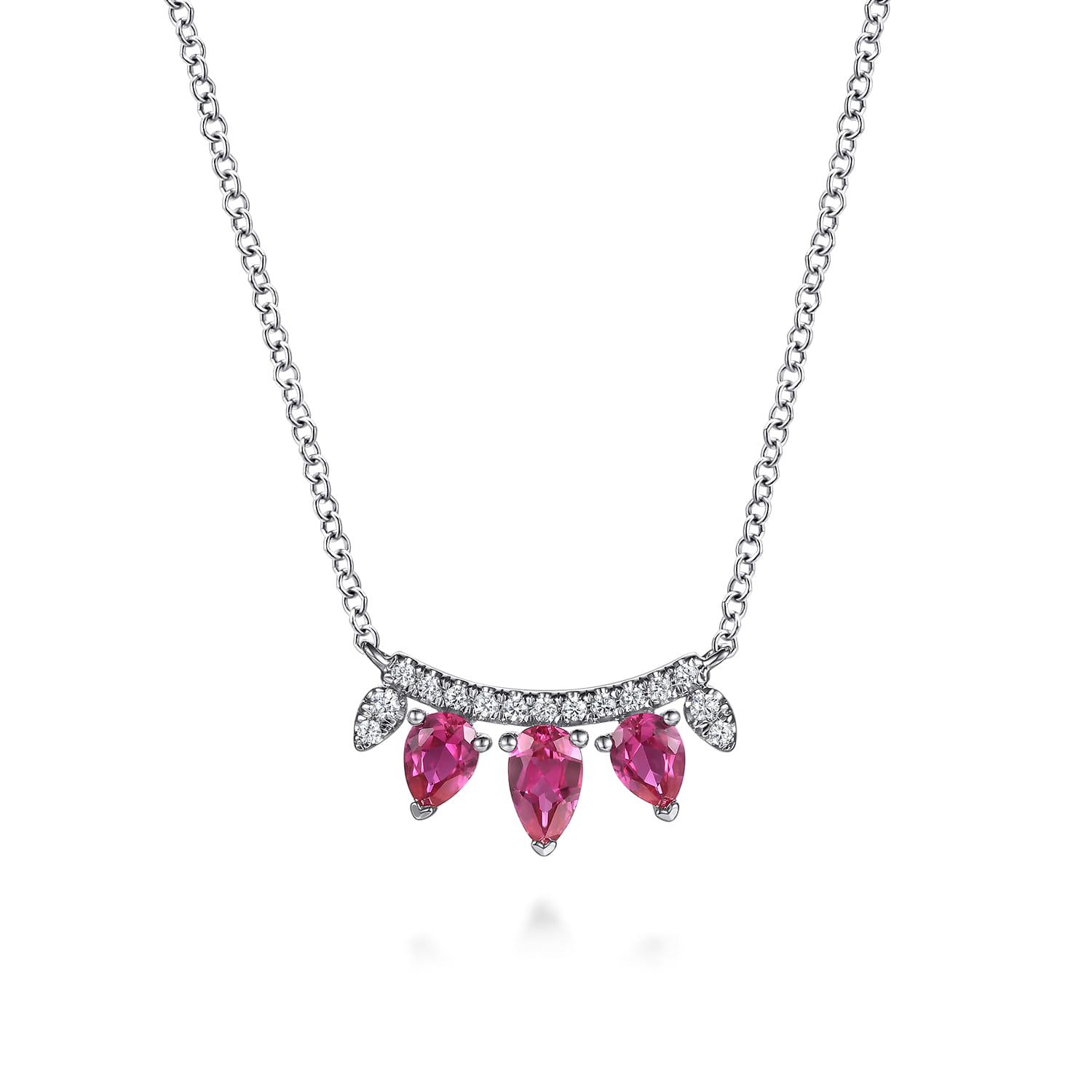 Pear Shaped Ruby and Diamond Bar Pendant Necklace