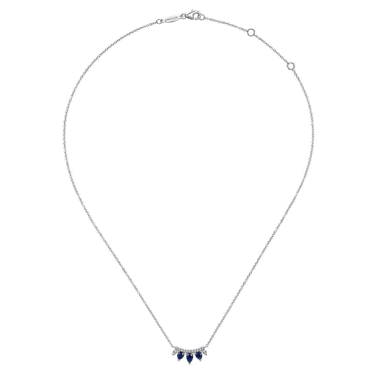 Pear Shaped Sapphire and Diamond Bar Pendant Necklace in 14K White Gold, photograph 2