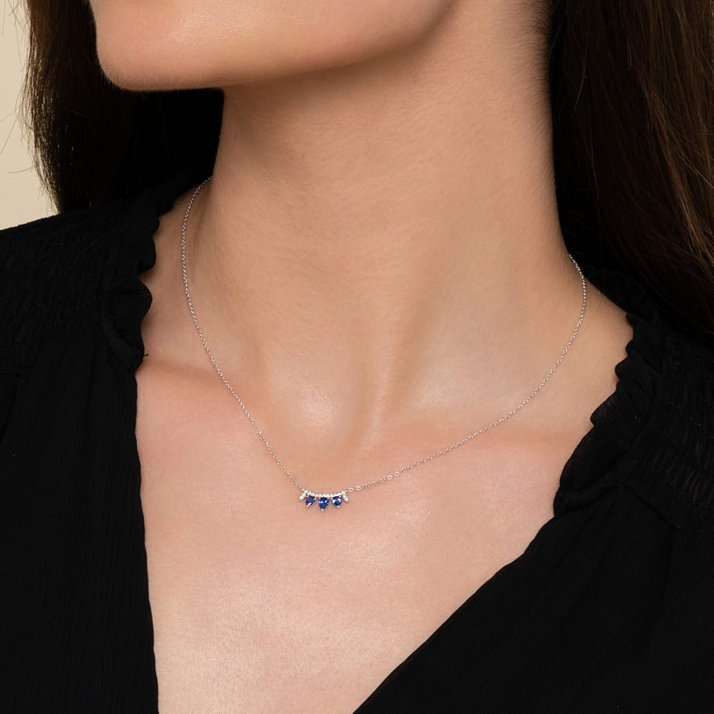 Pear Shaped Sapphire and Diamond Bar Pendant Necklace in 14K White Gold, photograph 3