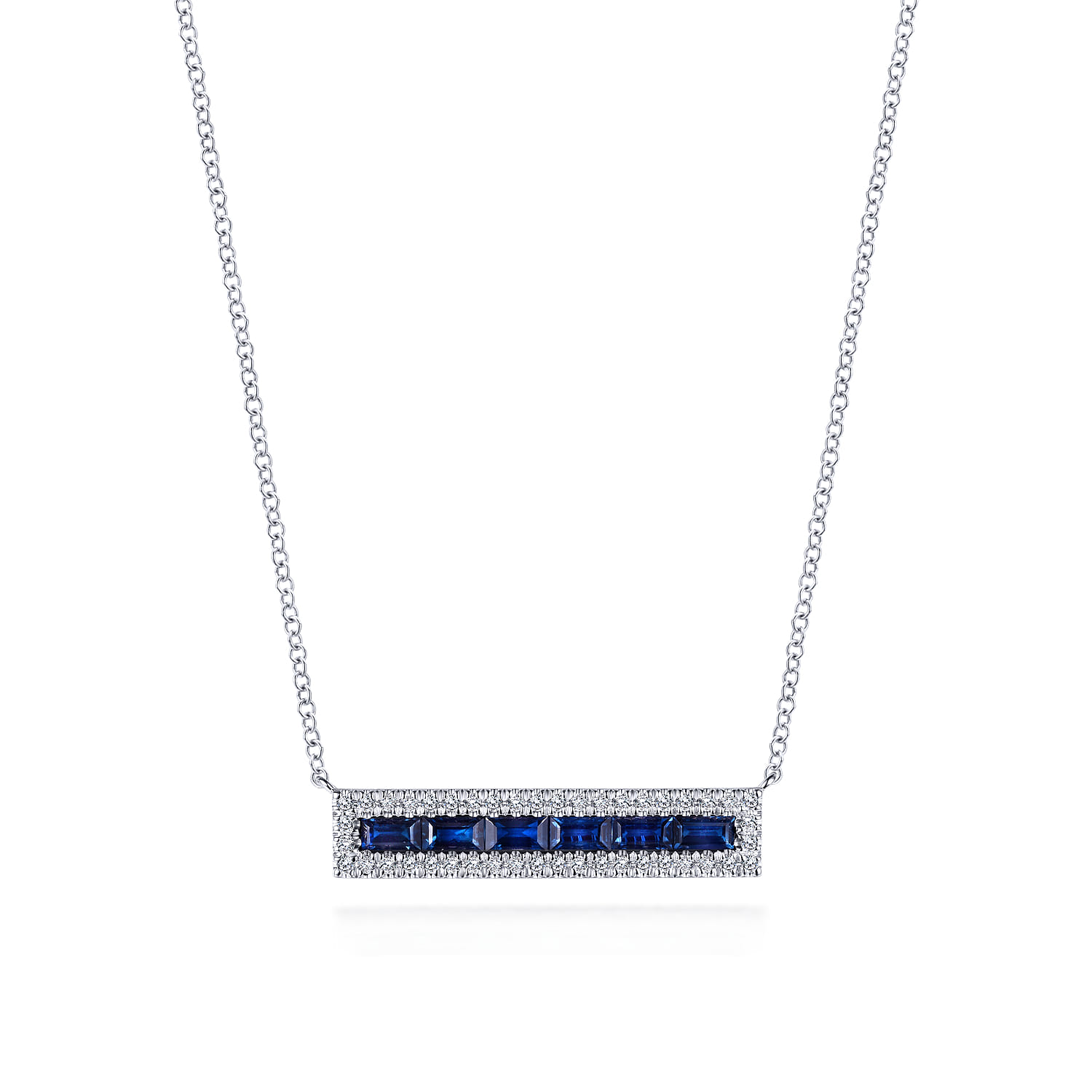 Sapphire Baguettes and Diamond Halo Rectangular Bar Necklace