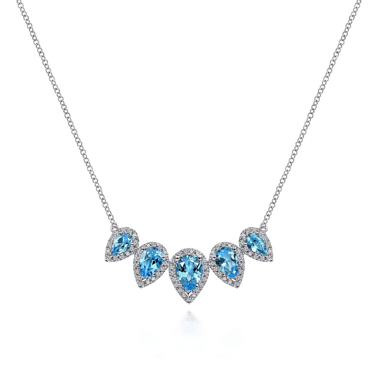 Graduating Pear Shaped Blue Topaz and Diamond Halo Necklace in 14K White Gold
