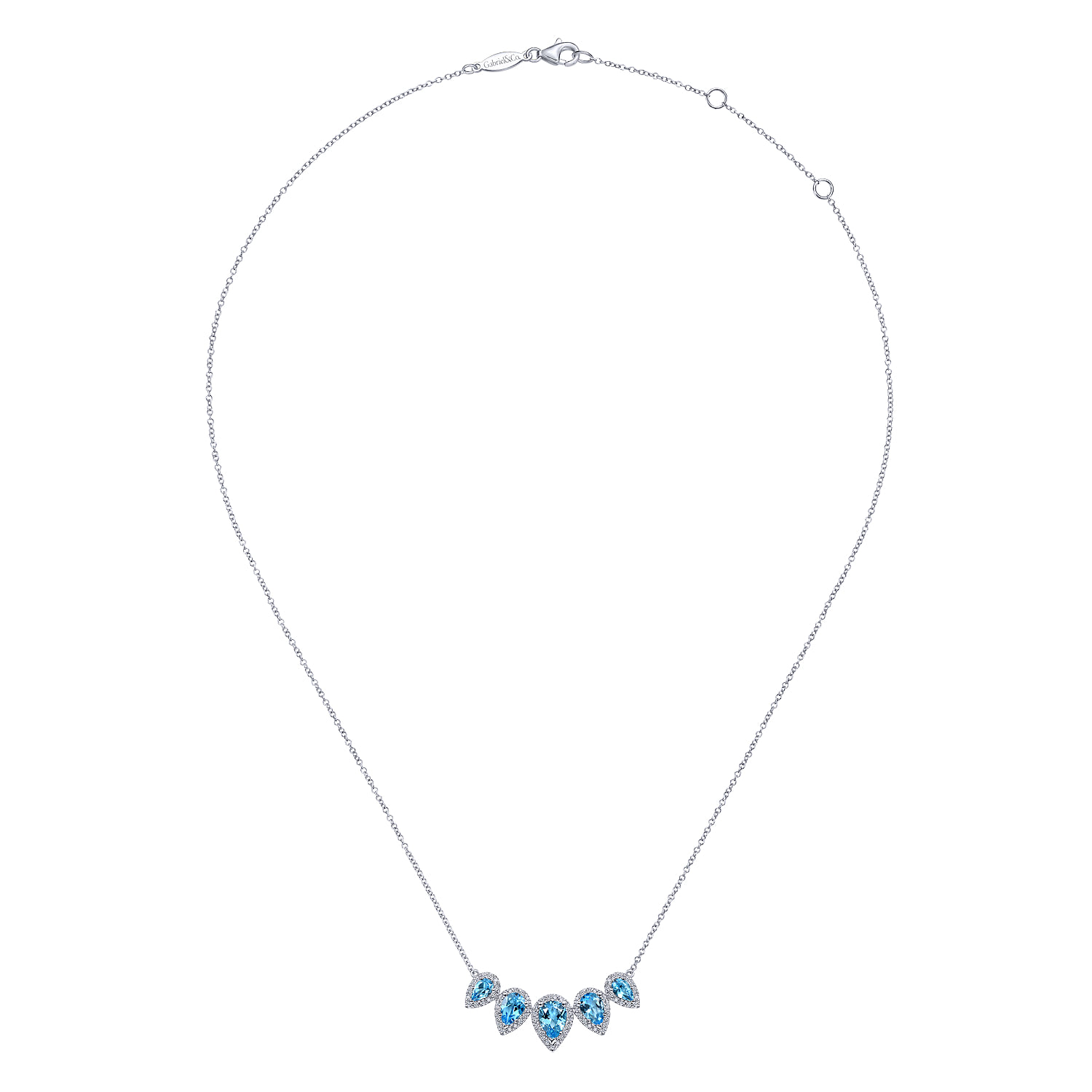 Graduating Pear Shaped Blue Topaz and Diamond Halo Necklace in 14K White Gold, photograph 2