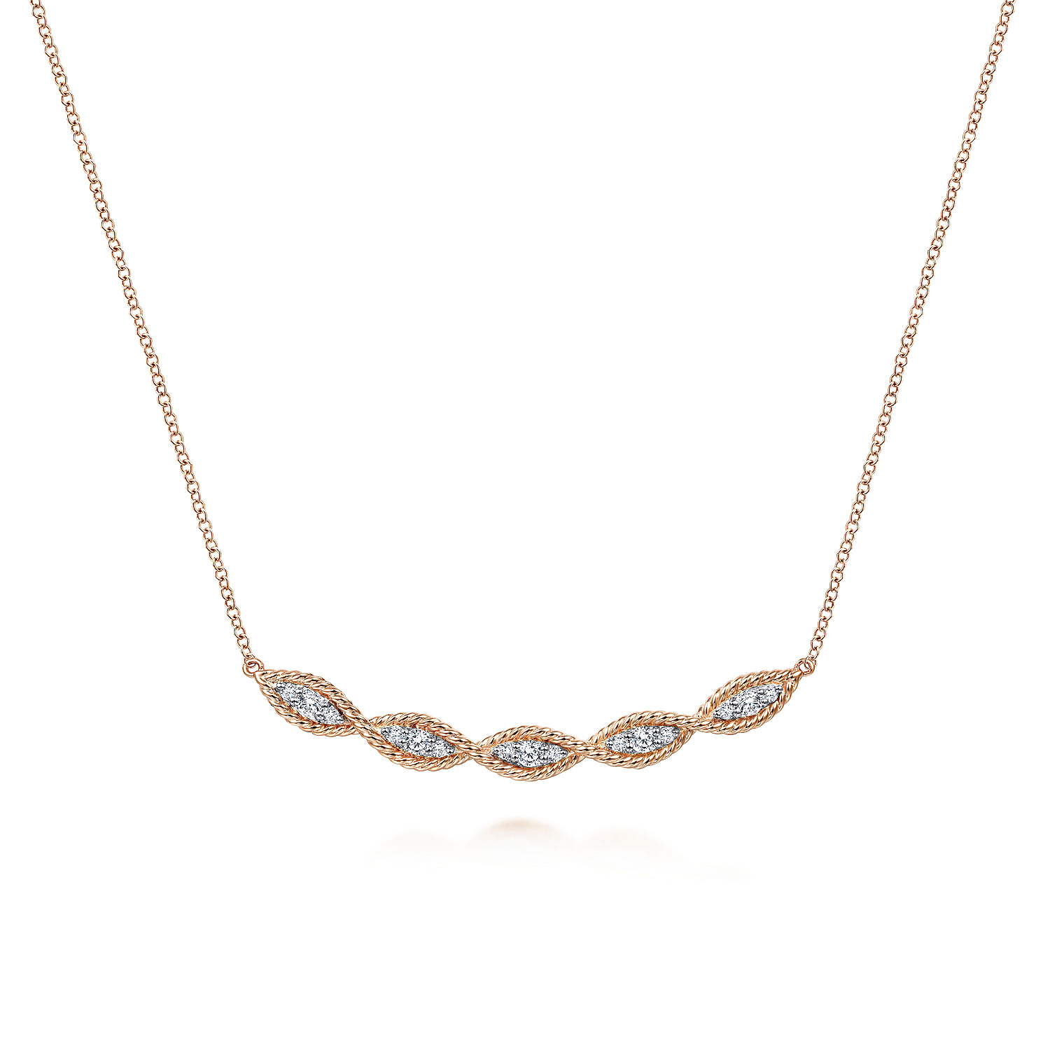 ピアス wing bling 14k post nuno double chain basic one touch ring e 14K Rose Gold Twisted Rope Curved Diamond Bar Necklace