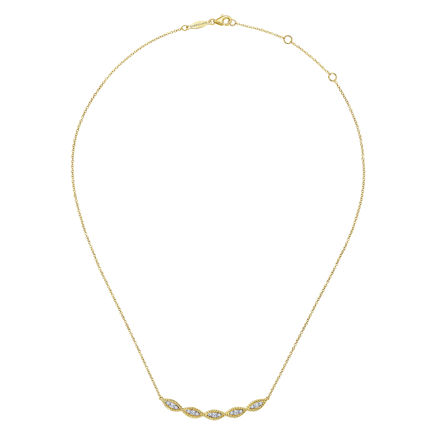 Twisted Rope Curved Diamond Bar Necklace in 14K Yellow Gold, photograph 2