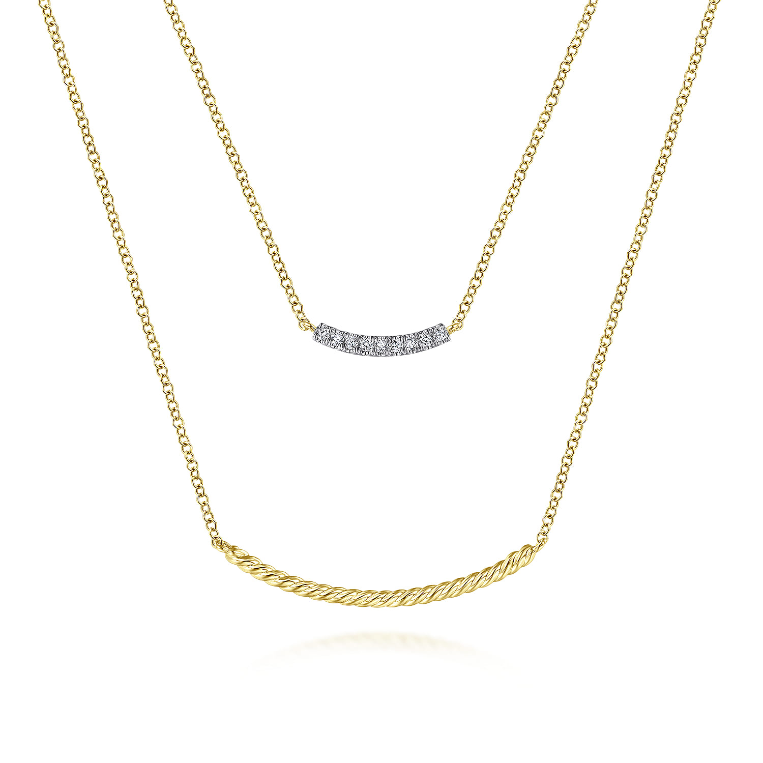 Two Strand Twisted and Diamond Bar Necklace in 14K Yellow Gold