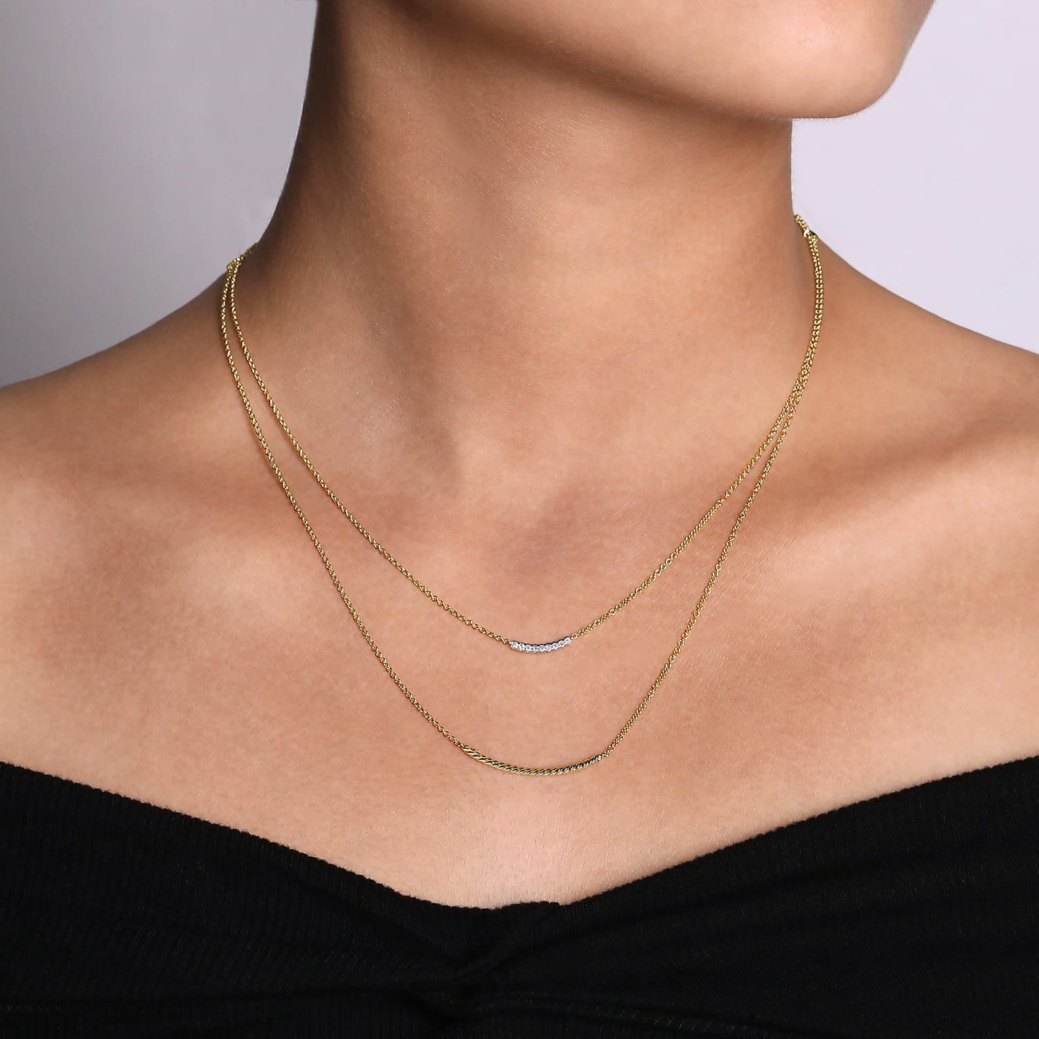 Two Strand Twisted and Diamond Bar Necklace in 14K Yellow Gold, photograph 3