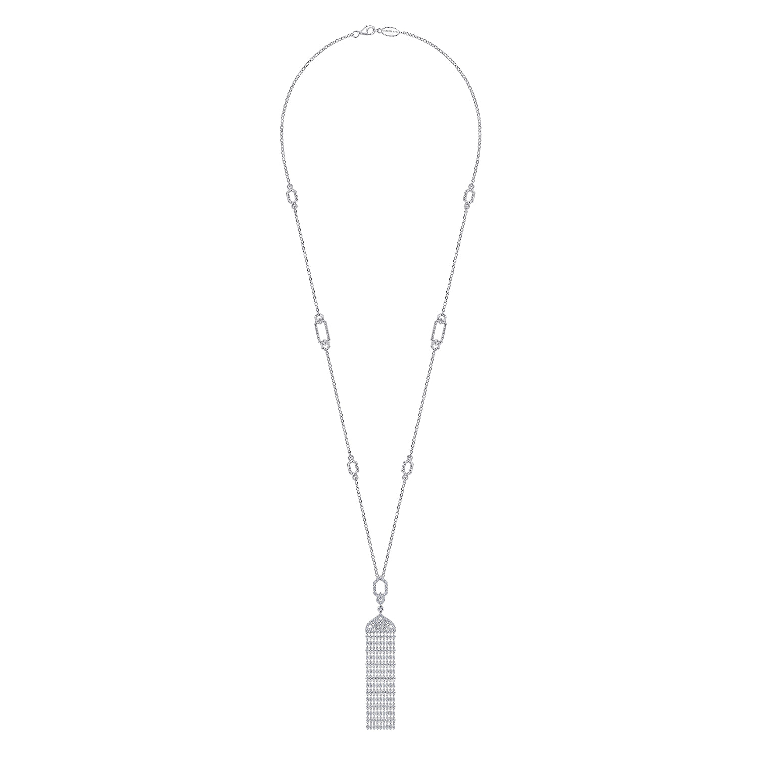 30 inch Vintage Inspired Filigree and Diamond Tassel Pendant Necklace in 18K White Gold, photograph 2
