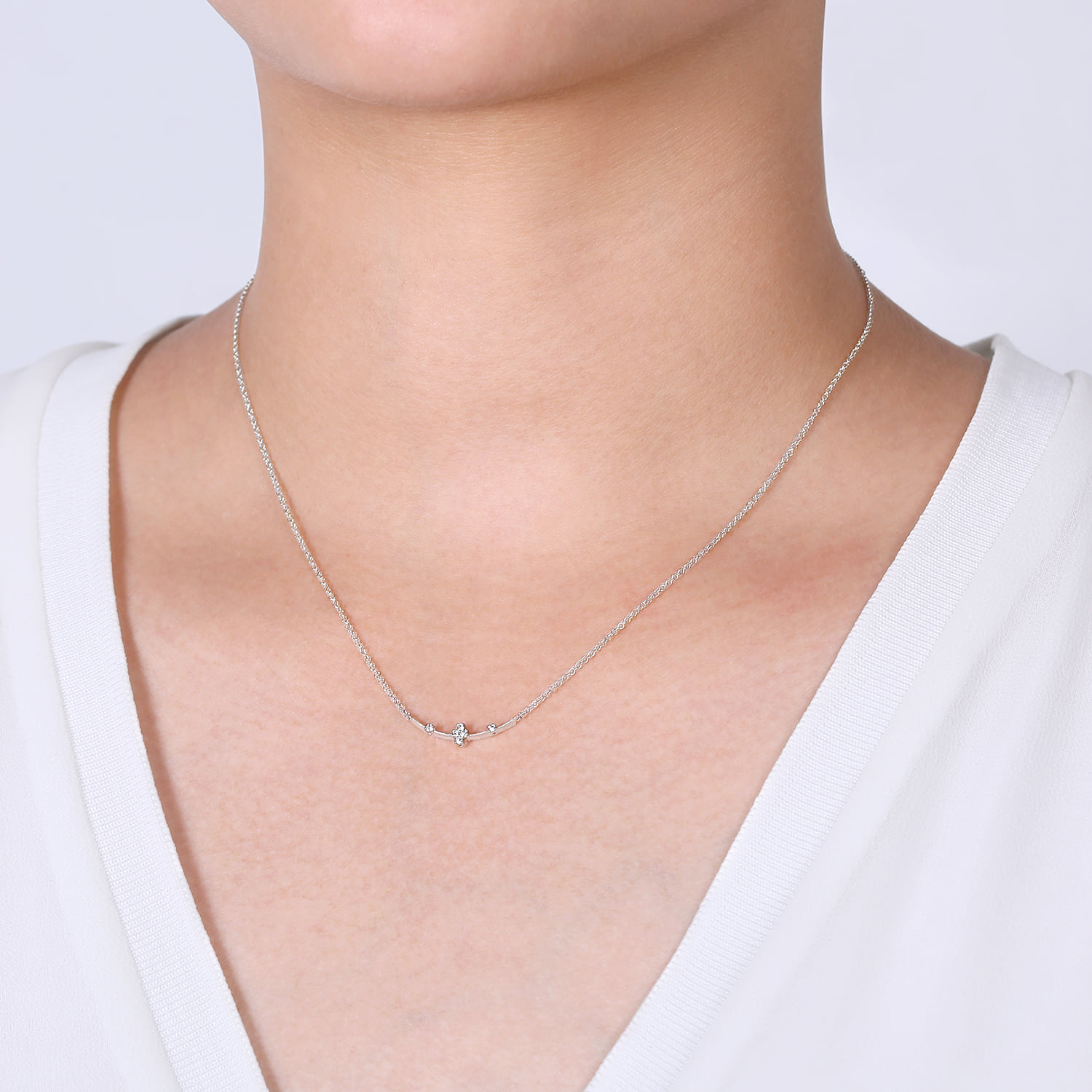 Curved Bar Necklace with Diamond Stations in 14K White Gold, photograph 3