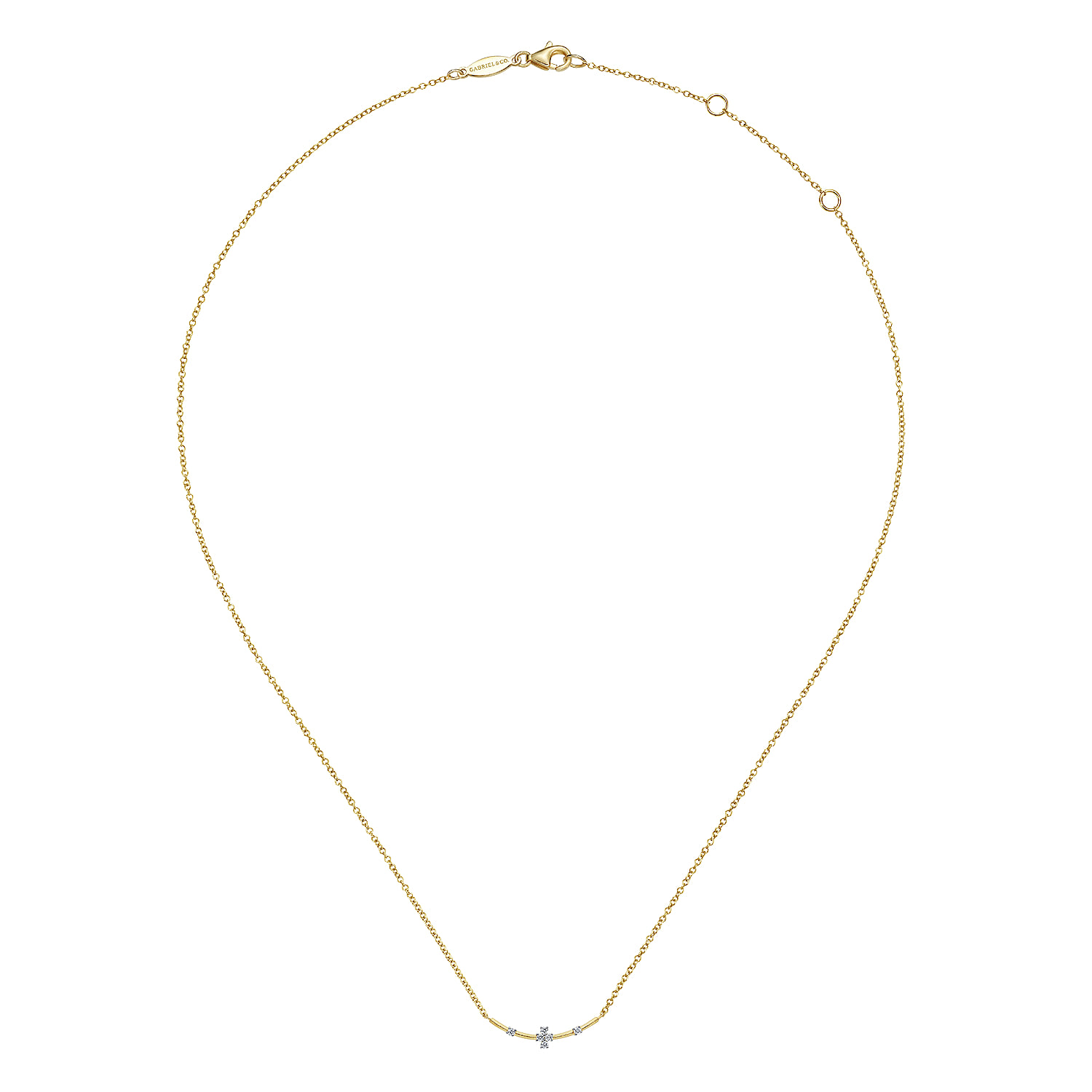 Curved Bar Necklace with Diamond Stations in 14K Yellow Gold, photograph 2