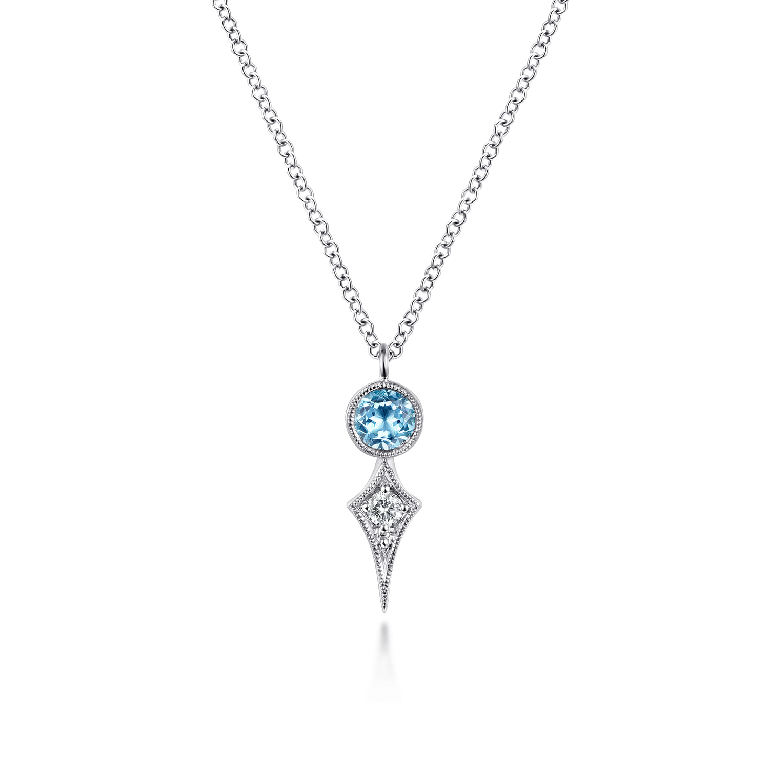 Round Blue Topaz and Kite Diamond Pendant Necklace