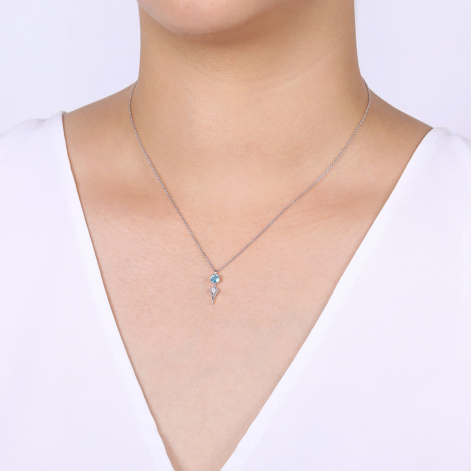 Round Blue Topaz and Kite Diamond Pendant Necklace in 14K White Gold, photograph 3