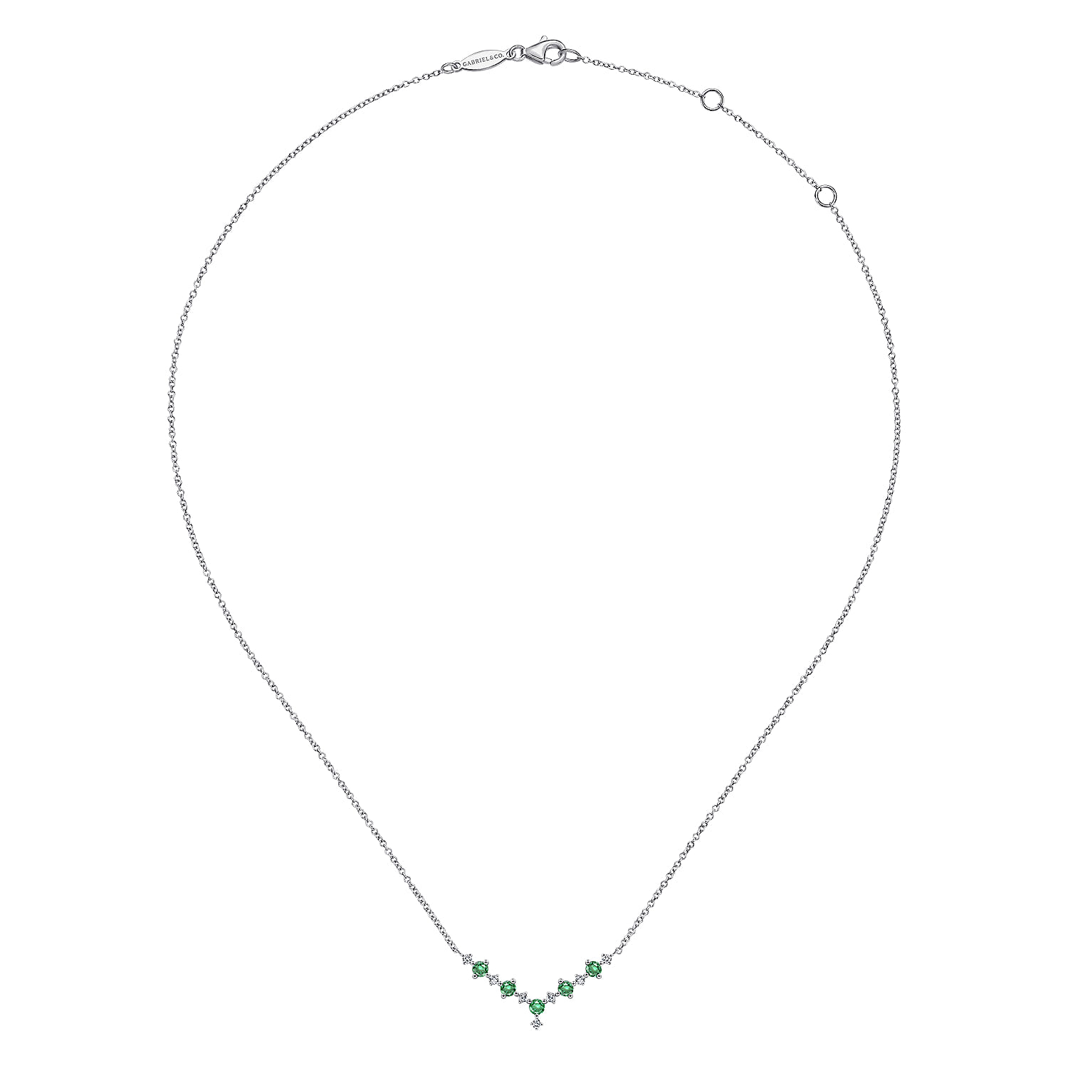 Diamond and Emerald Curved Bar Necklace in 14K White Gold, photograph 2