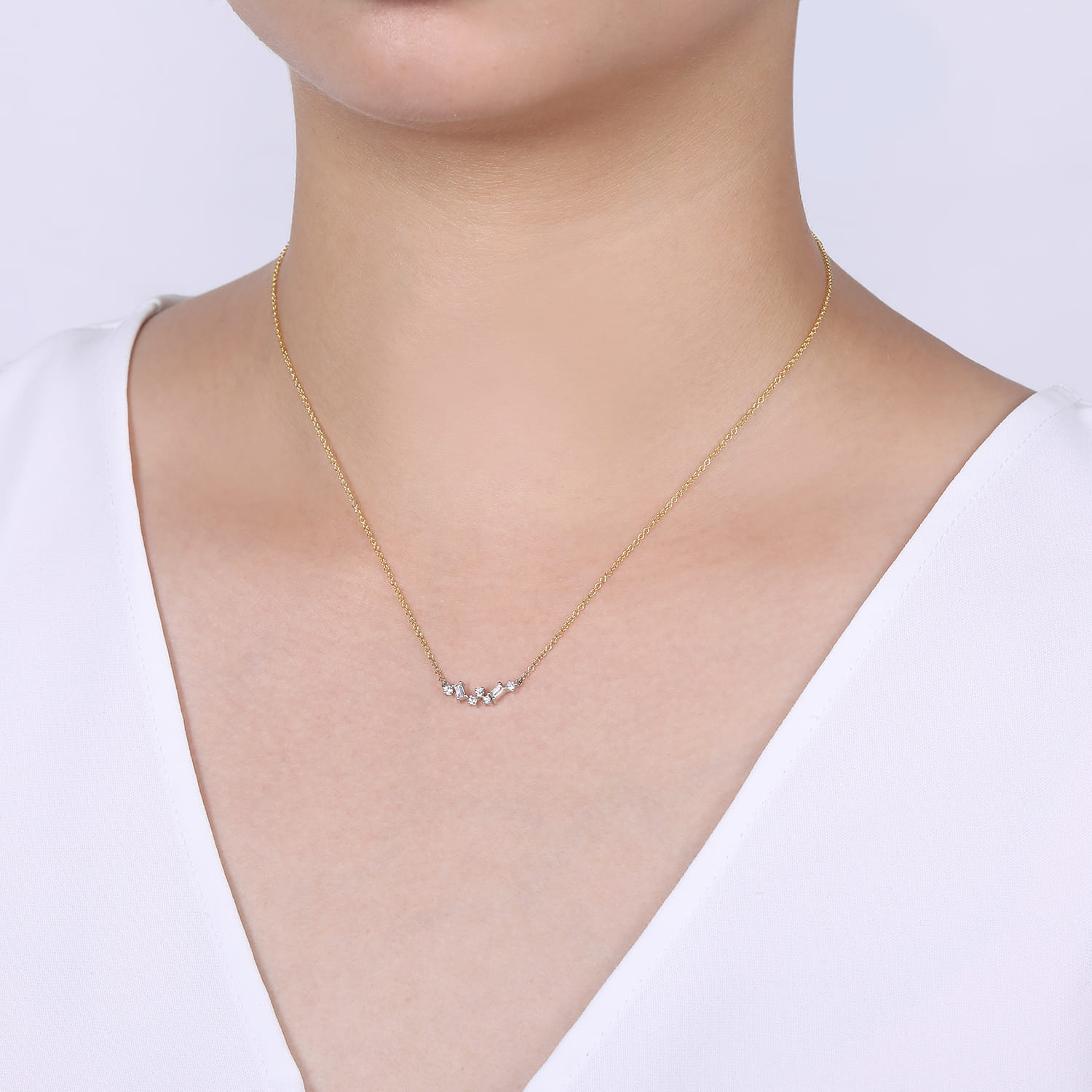 Baguette and Diamond Zig Zag Necklace in 14K White/Yellow Gold, photograph 3
