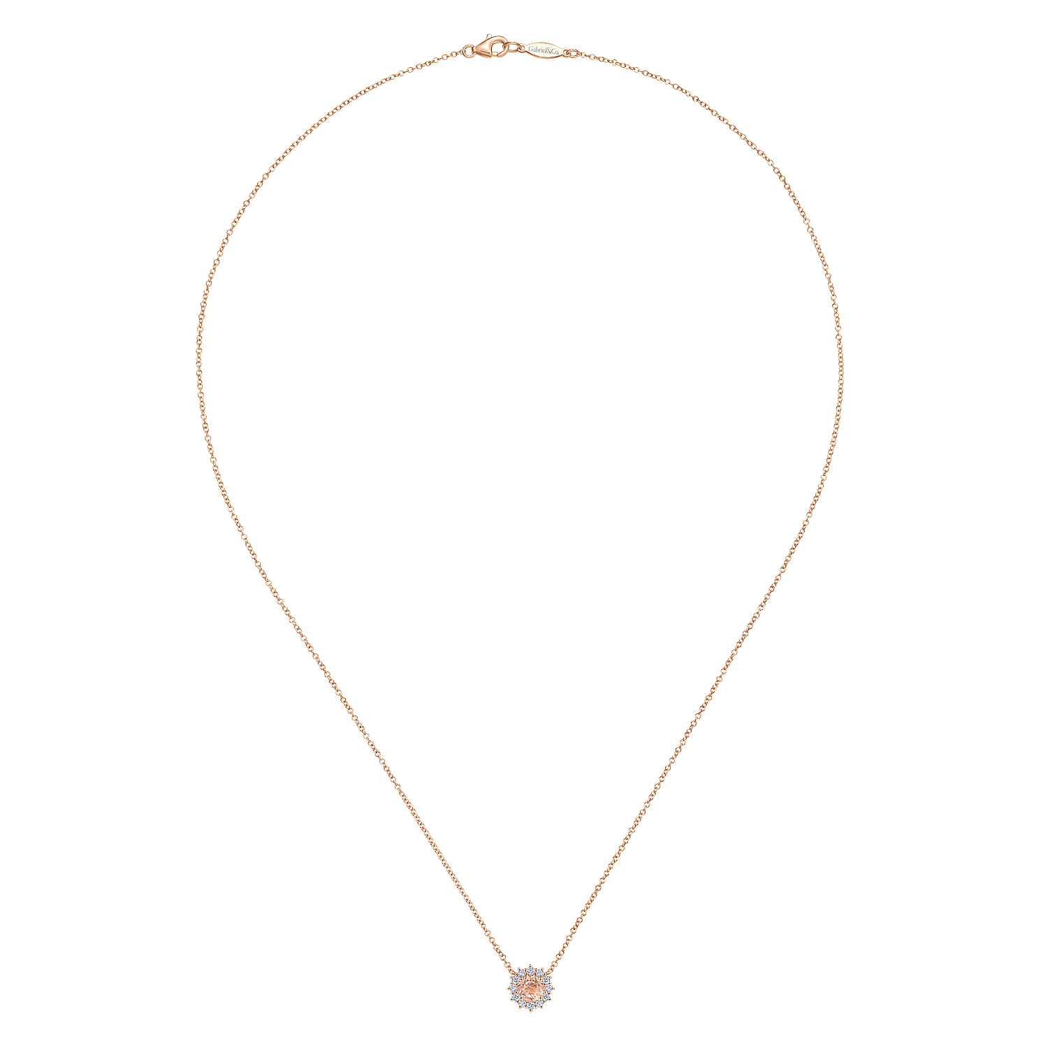 18 inch Round Morganite and Diamond Halo Pendant Necklace in 14K Rose Gold, photograph 2