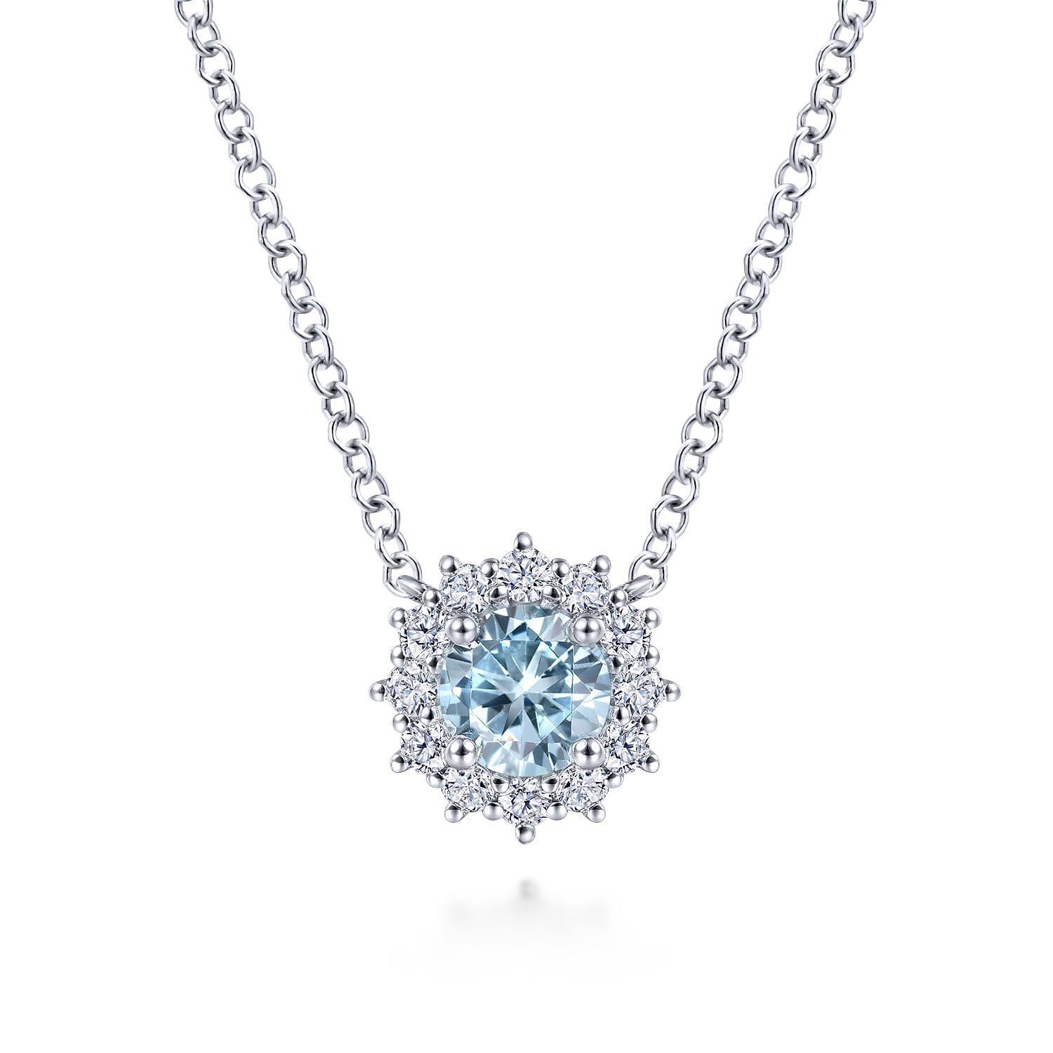 18 inch Round Aquamarine and Diamond Halo Pendant Necklace
