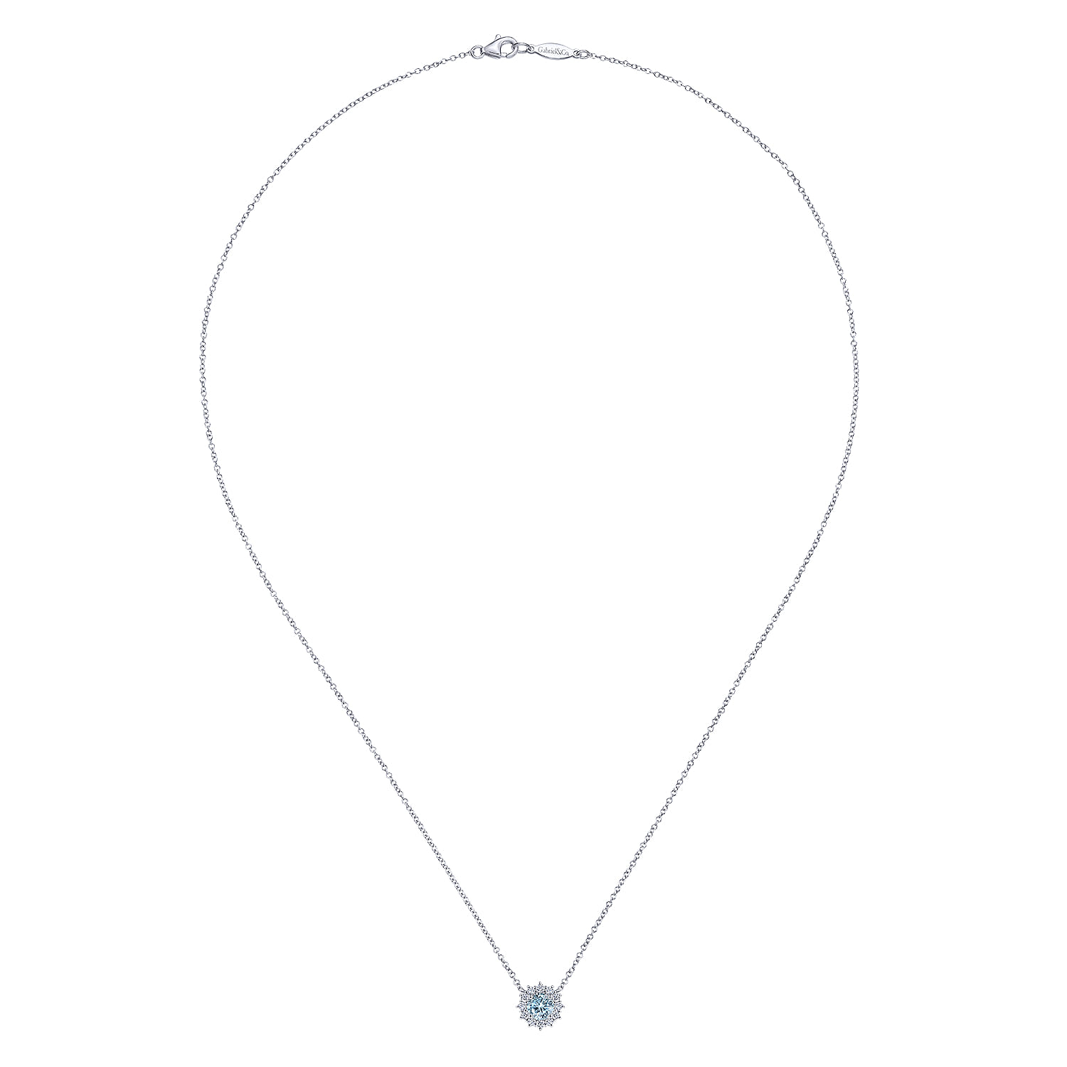18 inch Round Aquamarine and Diamond Halo Pendant Necklace in 14K White Gold, photograph 2