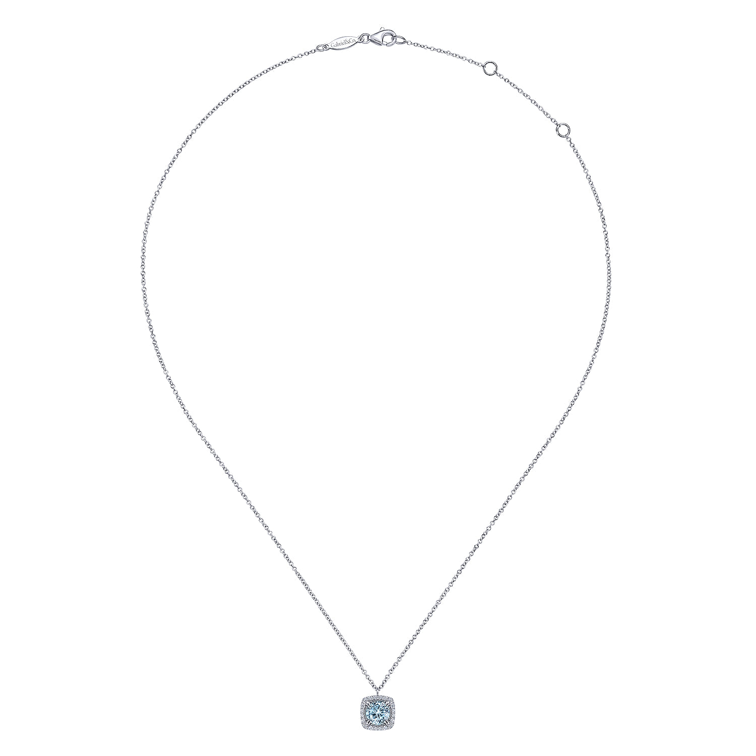 Round Aquamarine and Cushion Diamond Halo Pendant Necklace in 14K White Gold, photograph 2