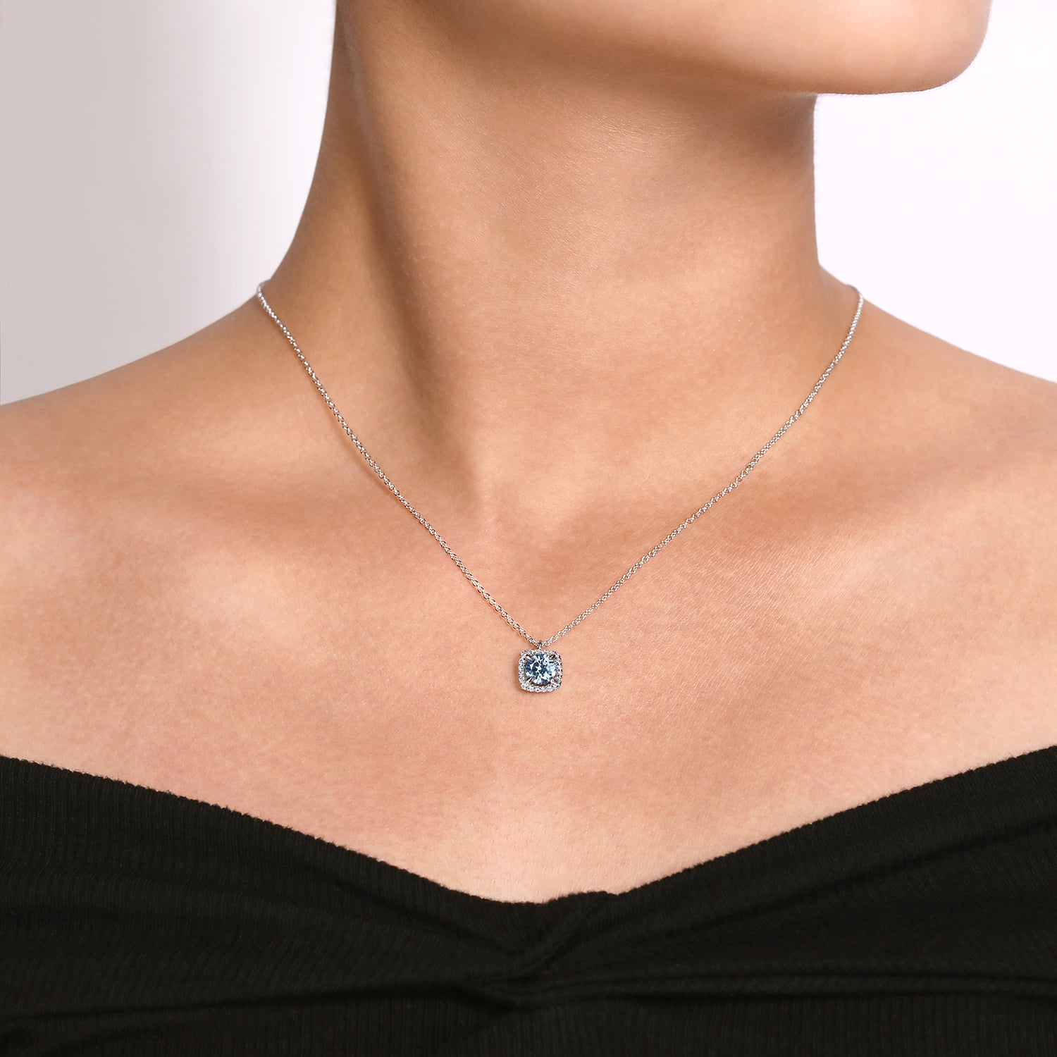 Round Aquamarine and Cushion Diamond Halo Pendant Necklace in 14K White Gold, photograph 3