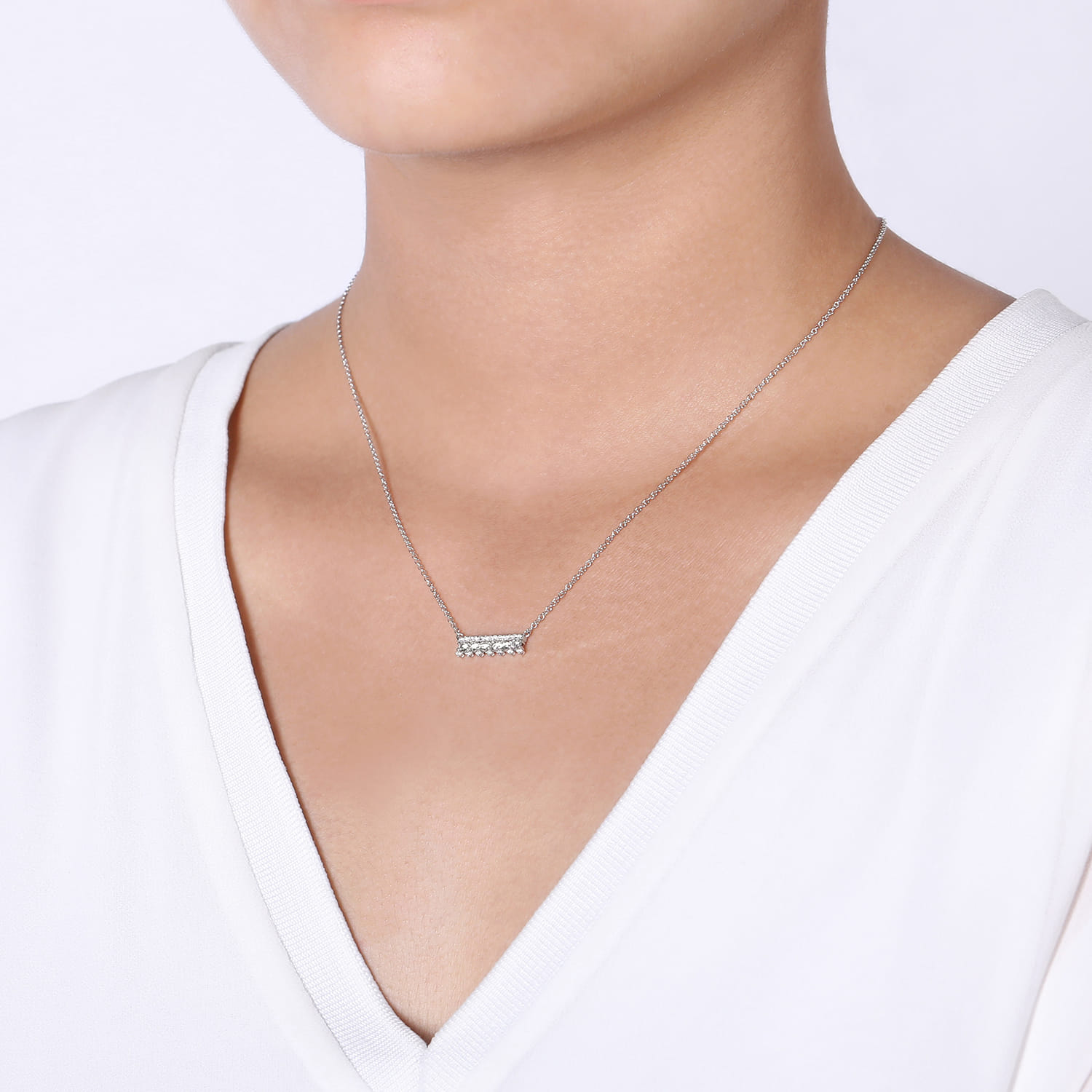 Mini Diamond Bar Necklace in 14K White Gold, photograph 3