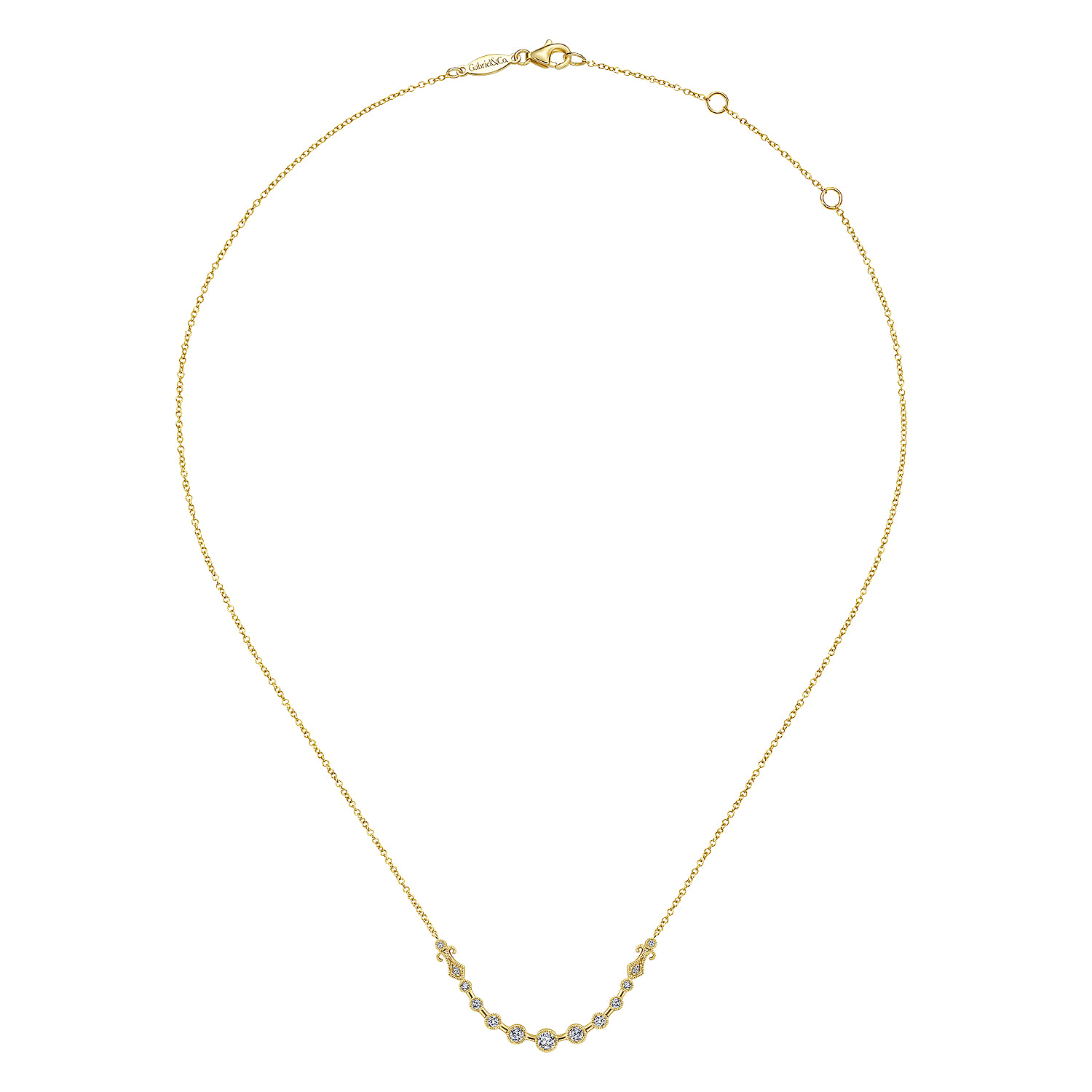 Milgrain Bezel Set Diamond Curved Bar Necklace in 14K Yellow Gold, photograph 2