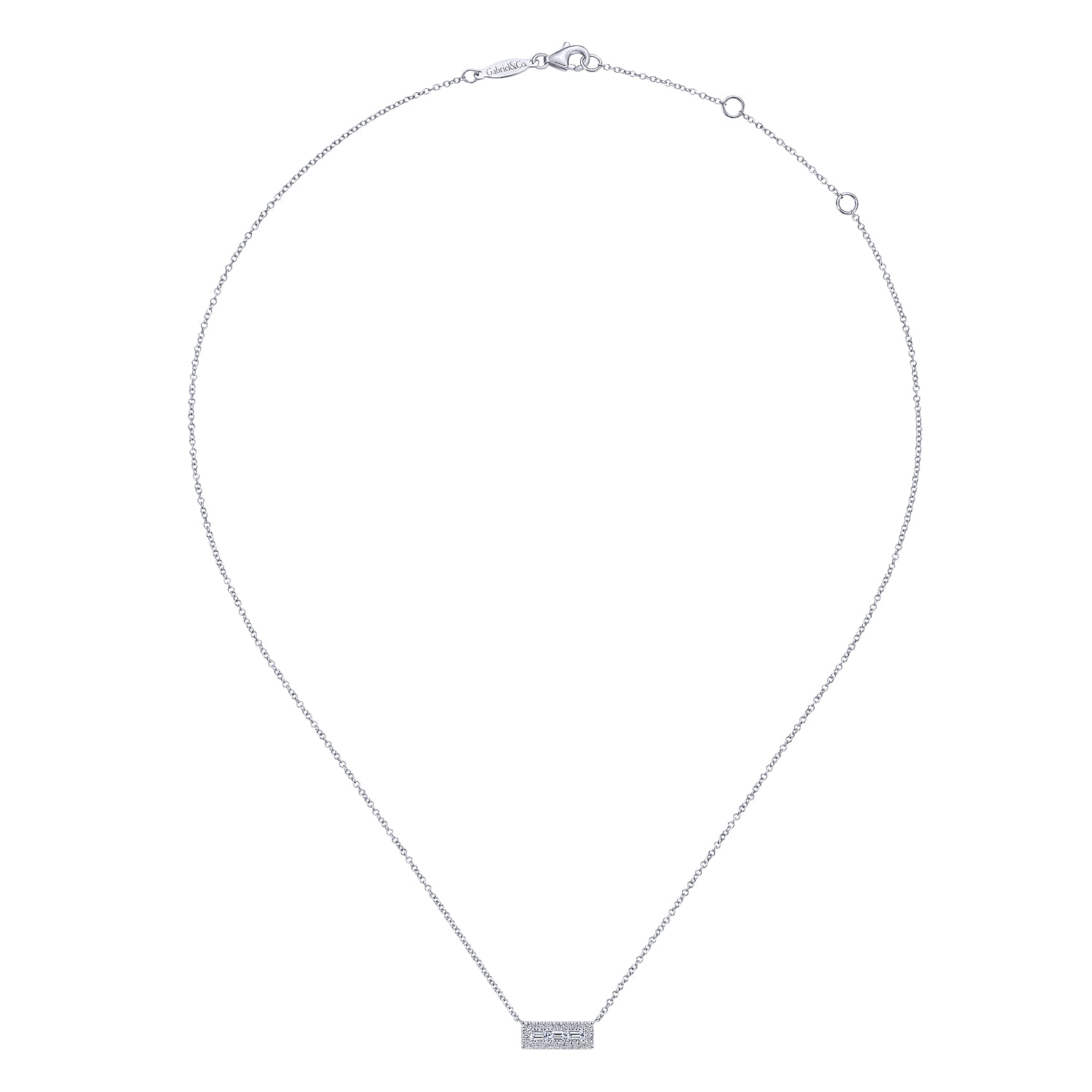 Baguette and Diamond Rectangle Pendant Necklace in 14K White Gold, photograph 2