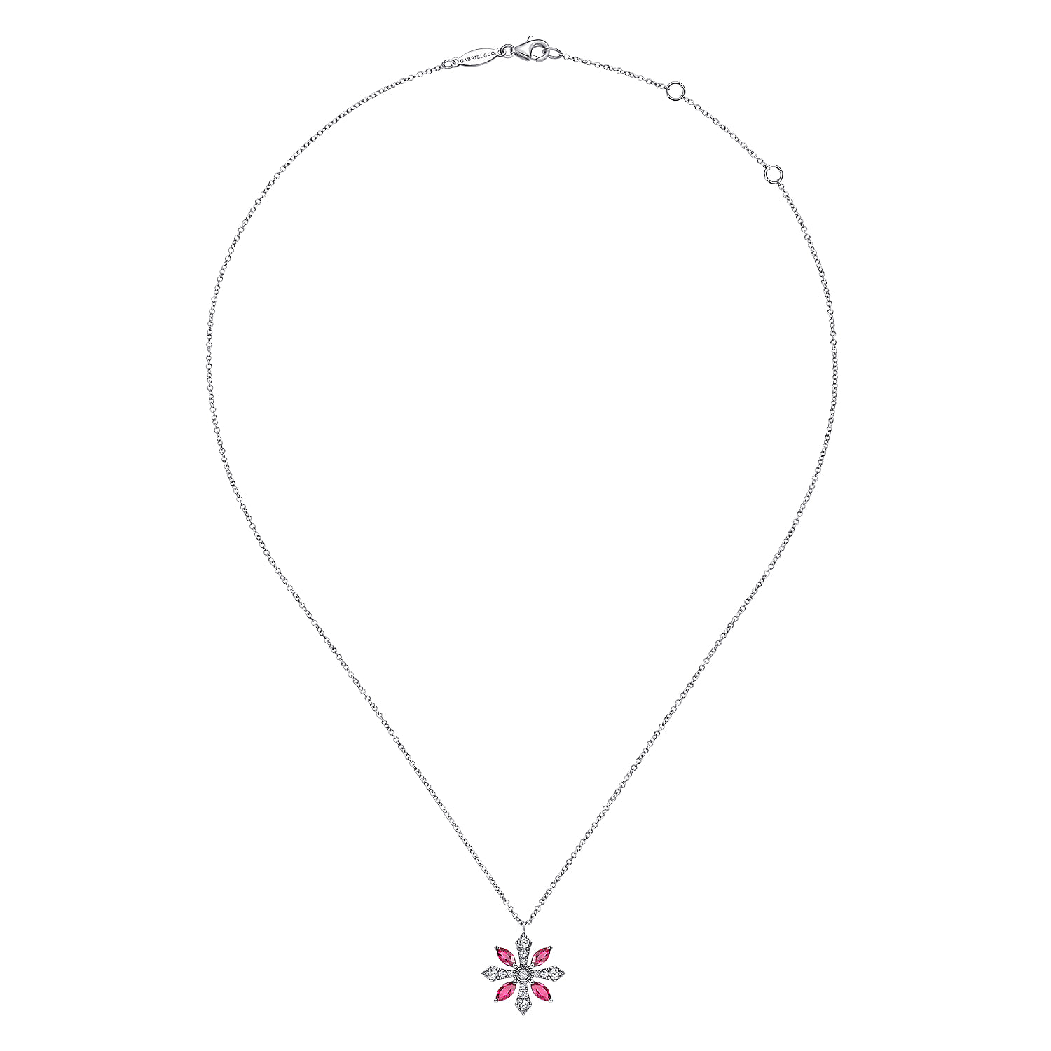 Ruby and Diamond Snowflake Pendant Necklace in 14K White Gold, photograph 2