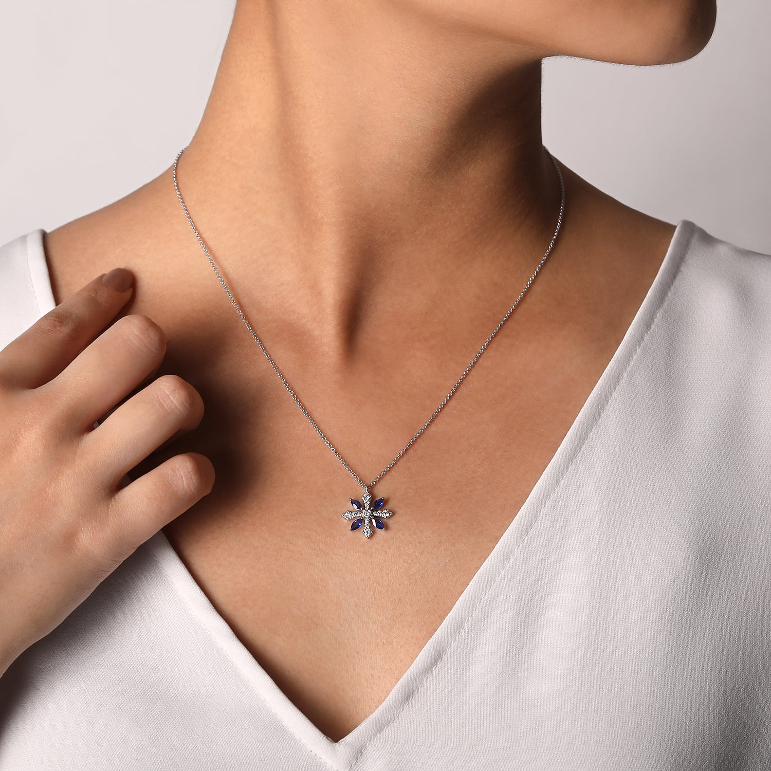 Sapphire and Diamond Snowflake Pendant Necklace in 14K White Gold, photograph 3