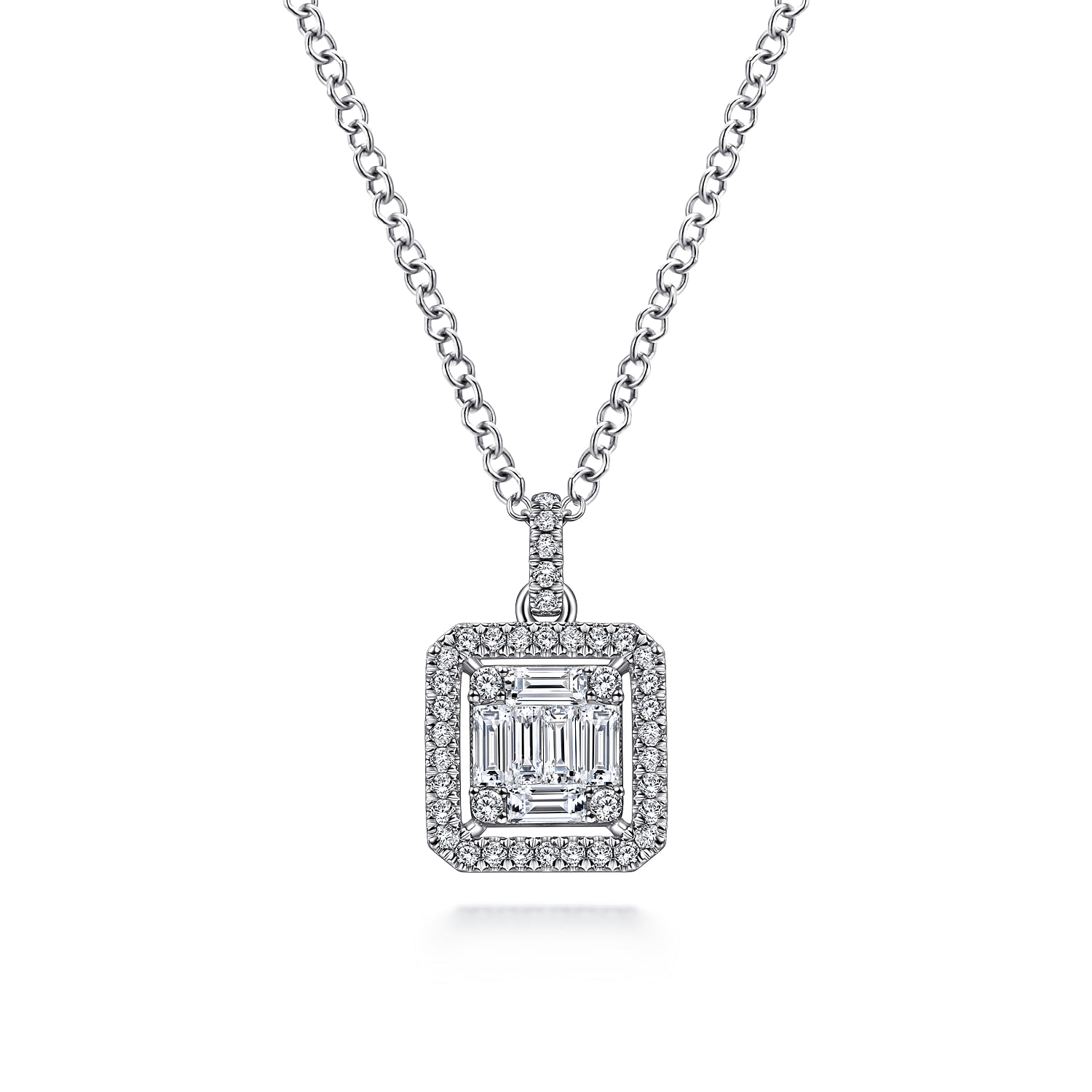 Baguette and Diamond Square Pendant Necklace