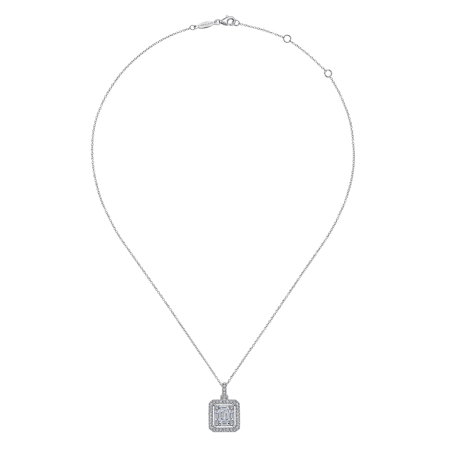 Baguette and Diamond Square Pendant Necklace in 14K White Gold, photograph 2